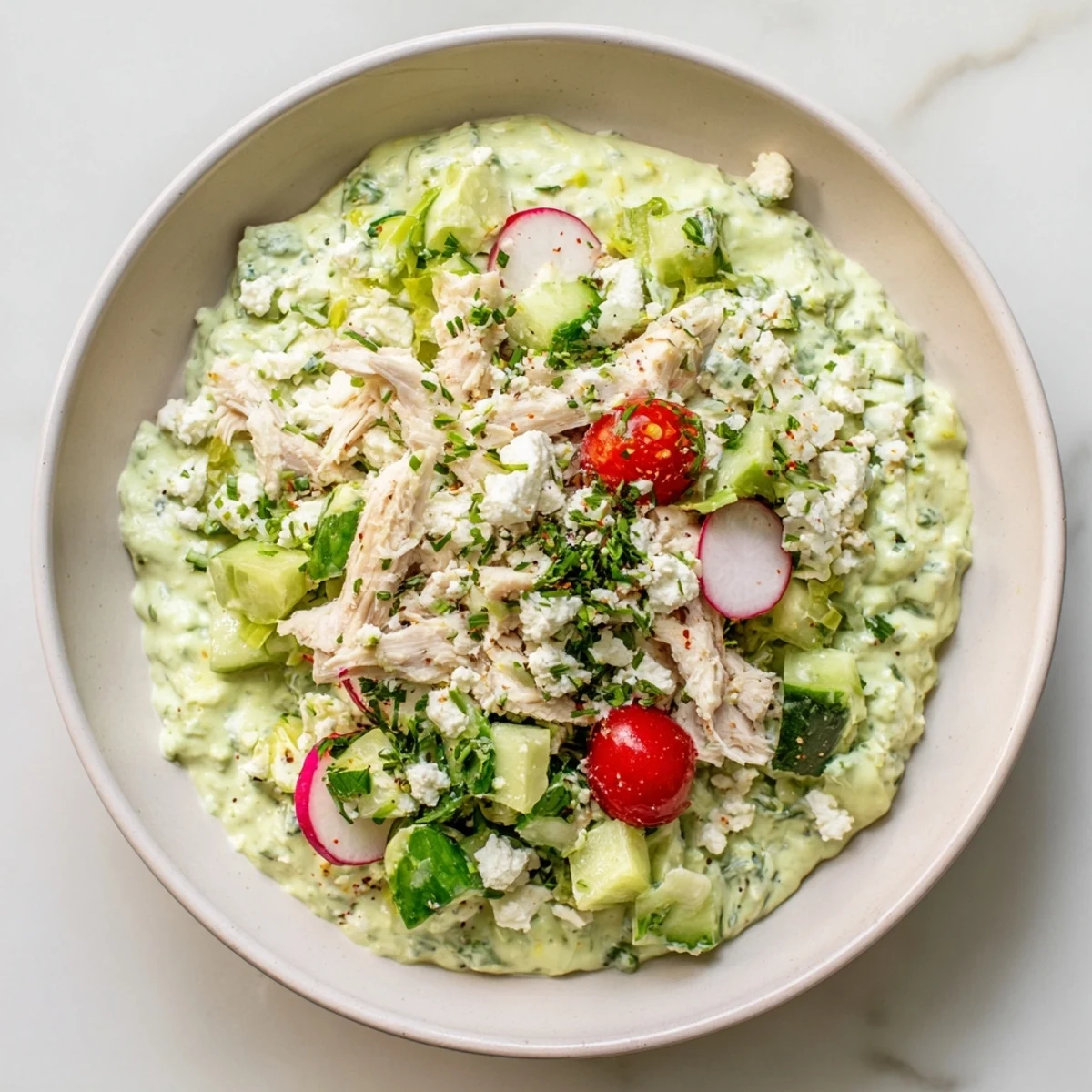 Green Goddess Chicken Nacho Dip, creamy and flavorful, garnished with fresh herbs and served with chips.