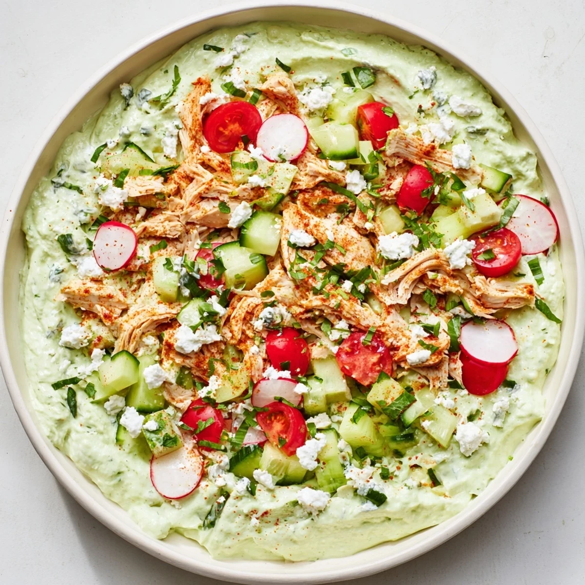 A platter of Green Goddess Chicken Nacho Dip, perfect for a party, with creamy textures and crunchy chips.