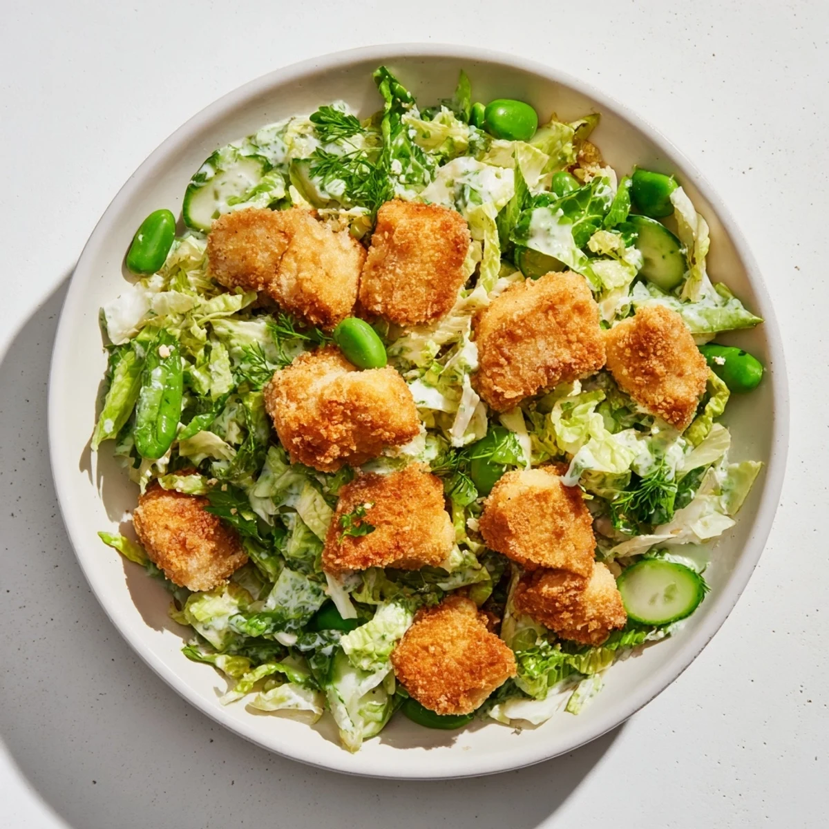 Crisp air-fried chicken nuggets atop a vibrant Green Goddess Nugget Salad, perfect for lunch.