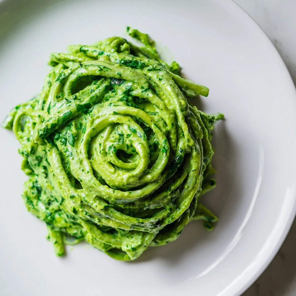 A bowl of vibrant green goddess pasta sauce, a creamy vegetarian delight.