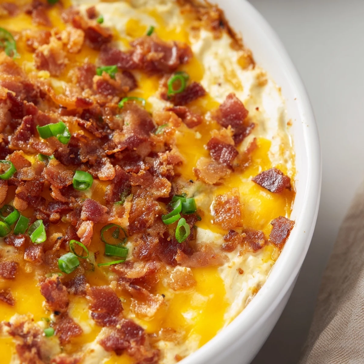 Melted cheddar and mozzarella top this bubbly Cheesy Bacon Ranch Dip, ready to be scooped up.