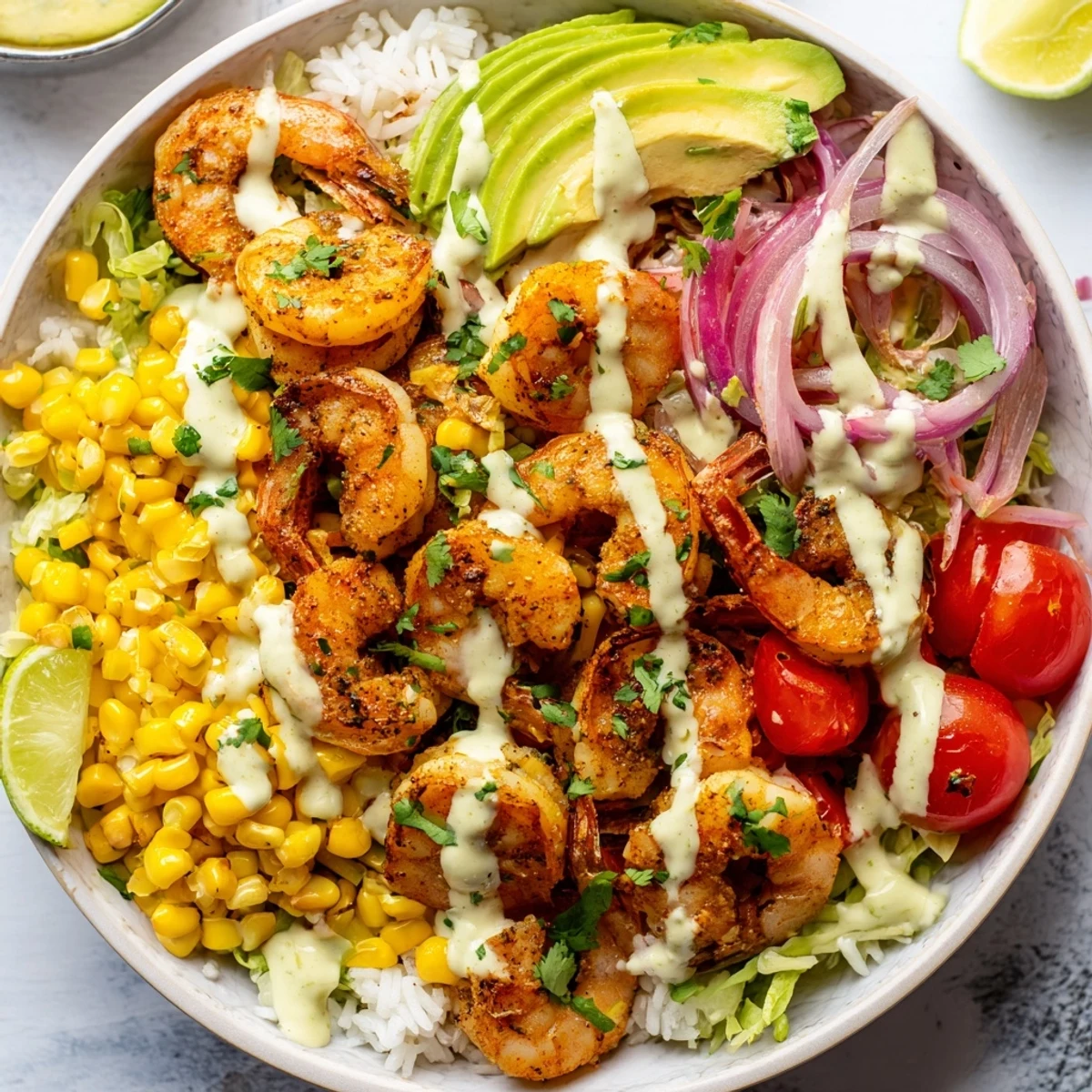 Cajun shrimp taco bowls, filled with colorful vegetables, offer a spicy seafood delight in a bowl.