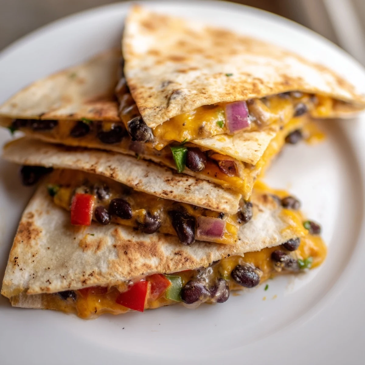 Golden-brown, cheesy Black Bean Quesadilla, filled with savory beans and colorful peppers, ready to eat.