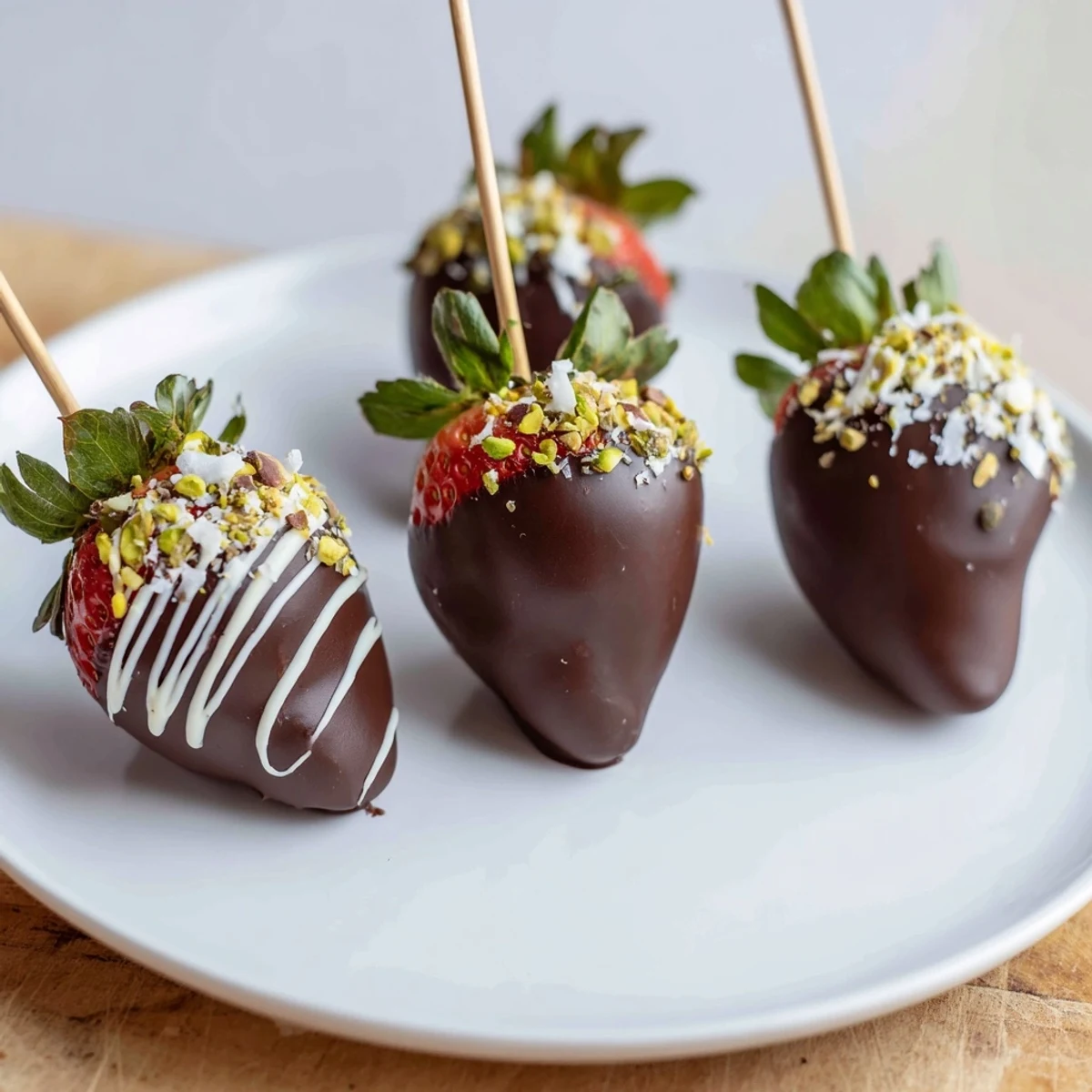These beautiful Chocolate-Dipped Strawberry Skewers are drizzled with white chocolate, offering a perfect party treat.