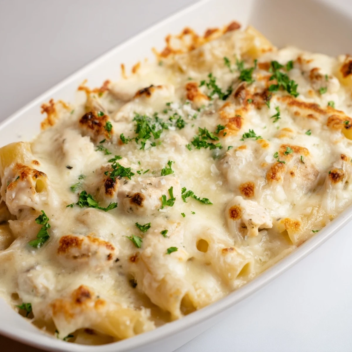 A bubbling baking dish of Chicken Alfredo Bake, fragrant with Parmesan and herbs, ready to serve.