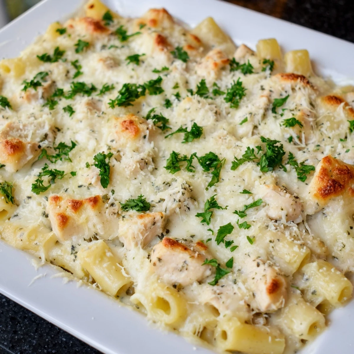 Creamy Chicken Alfredo Bake with tender chicken and pasta, rich Alfredo sauce is golden.