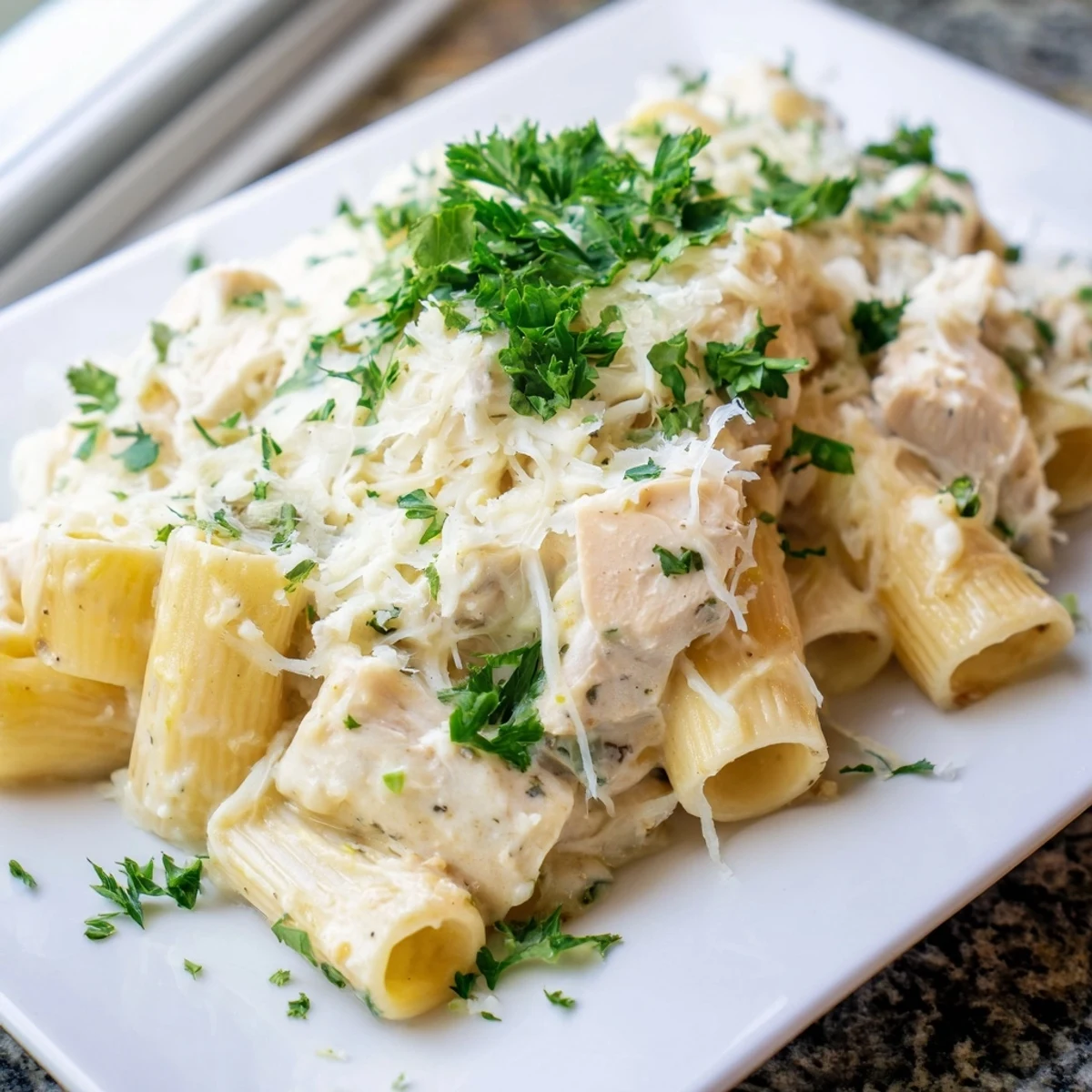 Creamy Chicken Alfredo Bake with tender chicken and pasta, rich Alfredo sauce is golden.
