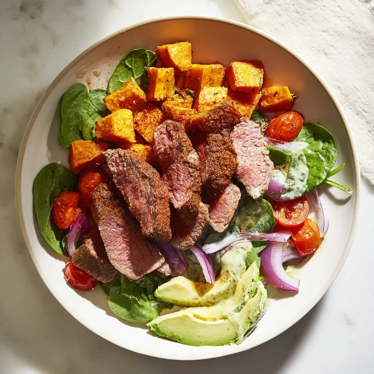 Tender beef avocado sweet potato bowl with vibrant colors and creamy avocado slices, a healthy meal.