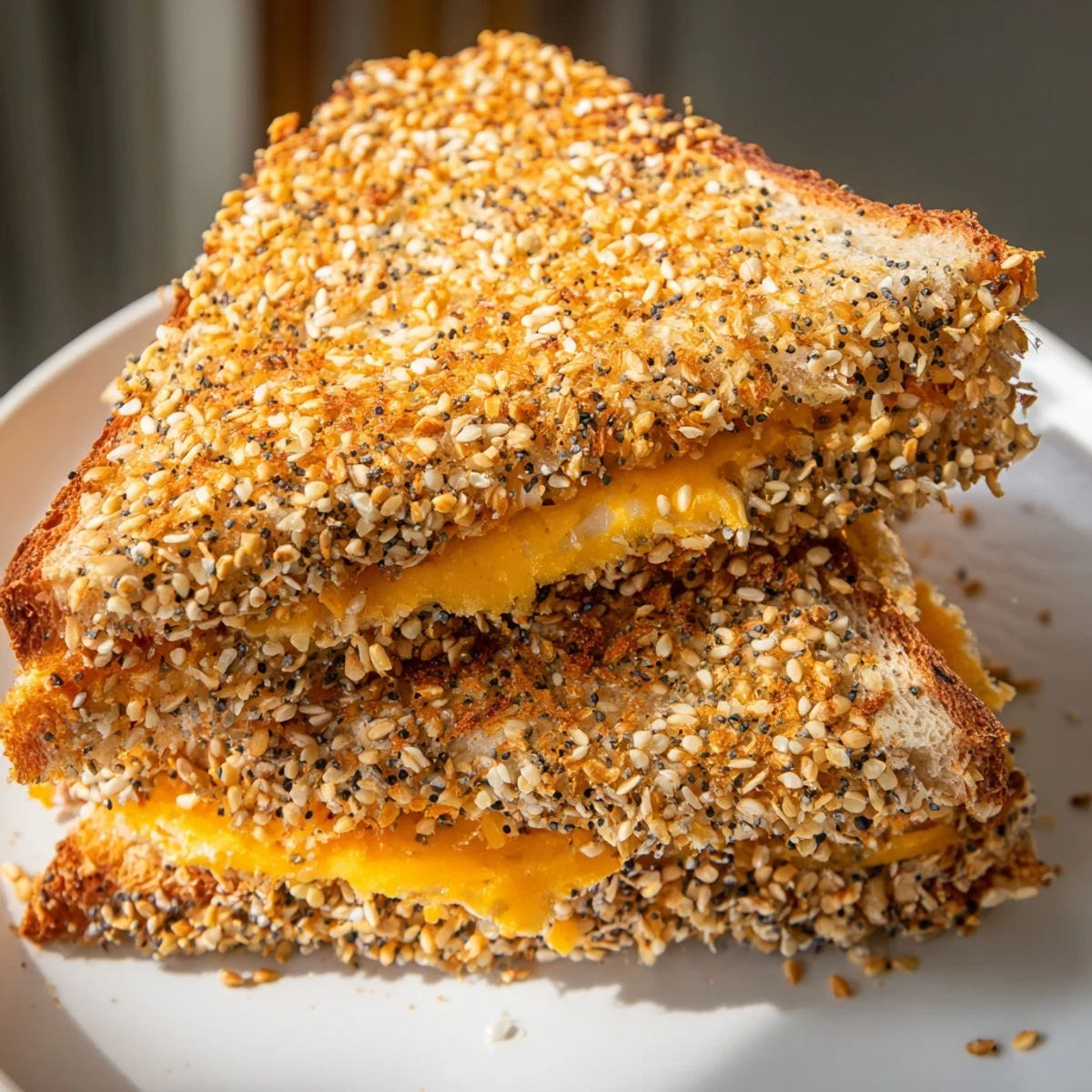 Golden-brown Everything Bagel Grilled Cheese with melted cheese oozing from toasted bread.