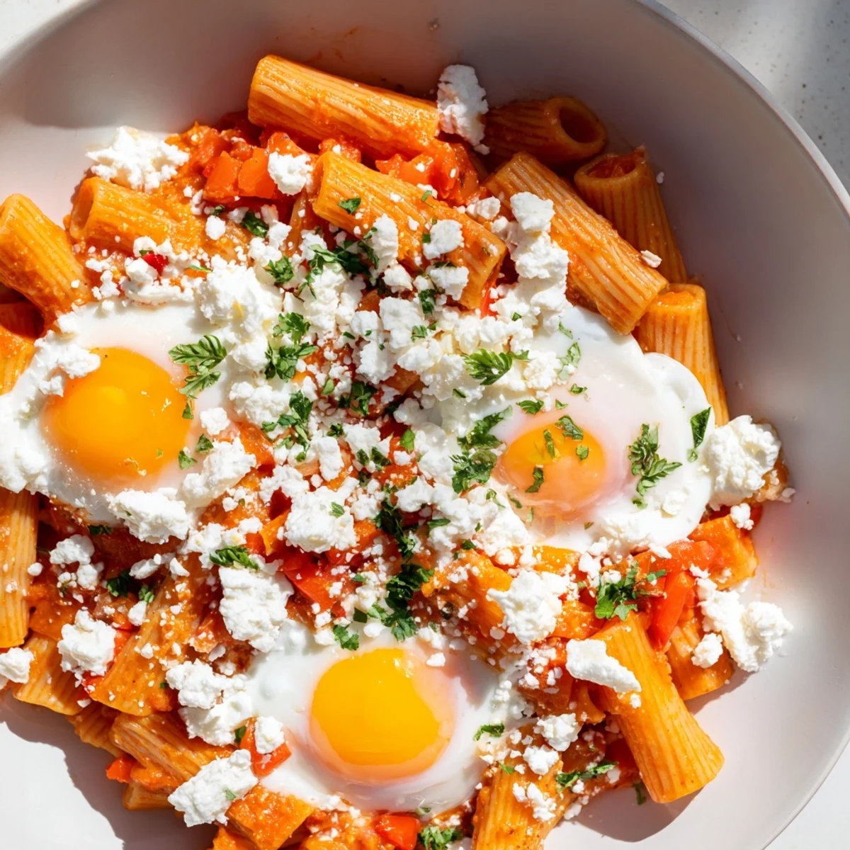 Quick Shakshuka Pasta with runny egg yolks and vibrant tomato sauce, ready to serve and enjoy.