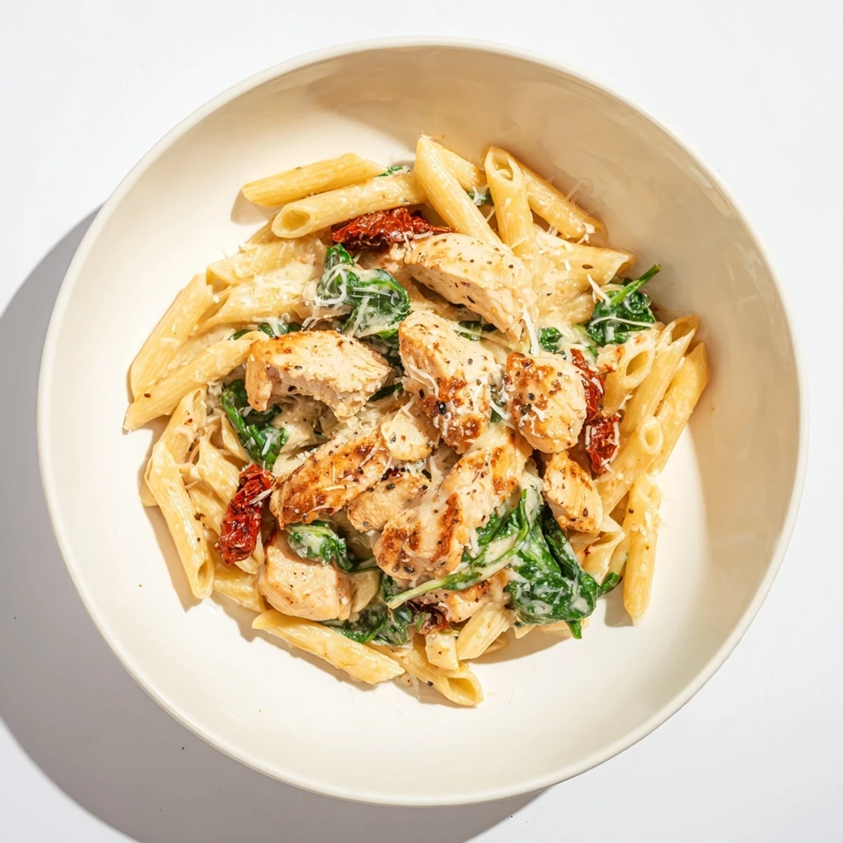 A fork twirls through this Creamy Tuscan Chicken Pasta, showcasing its rich, creamy sauce and flavorful ingredients.