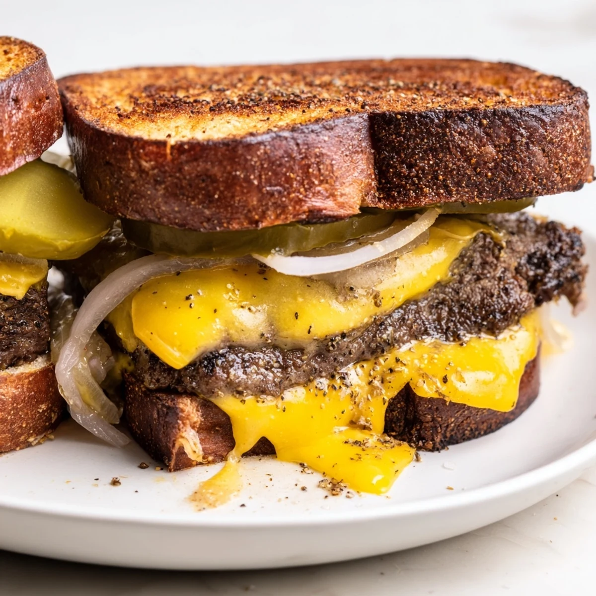 Golden, toasted bread encases a melted cheese and flavorful smashed burger grilled cheese.
