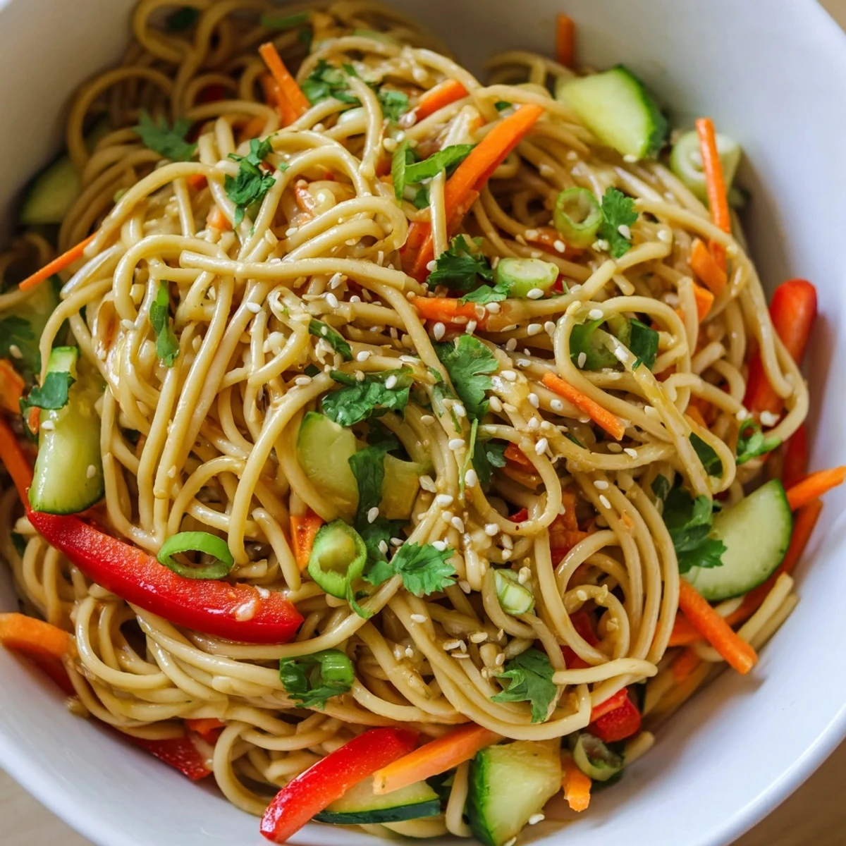 Vibrant Garlic Noodle Salad with colorful vegetables, coated in a luscious garlicky sauce and herbs.
