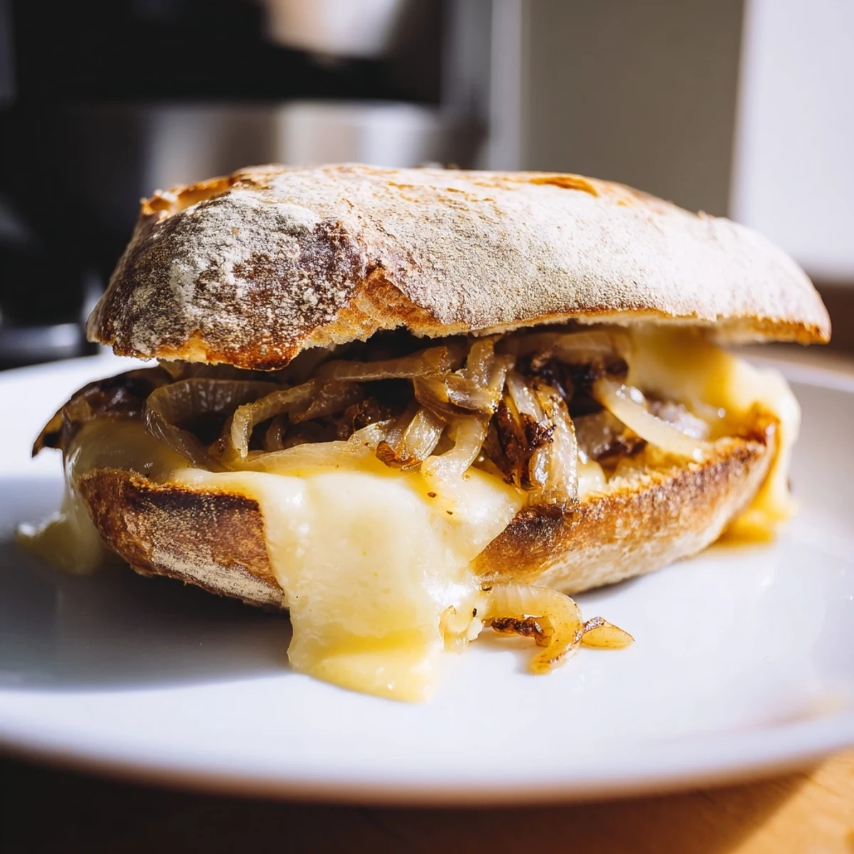 Golden, bubbly Caramelized Onion and Gruyère Grilled Cheese, oozing melted cheese and sweet onions.