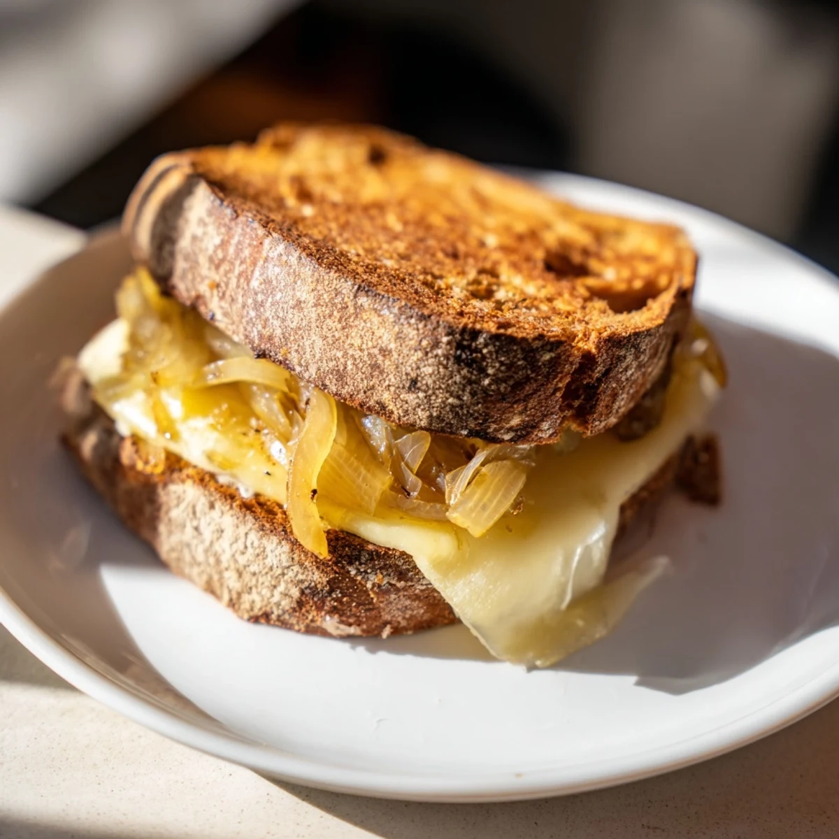 Buttery, toasted slices hold a rich Caramelized Onion and Gruyère Grilled Cheese, perfect for lunch.