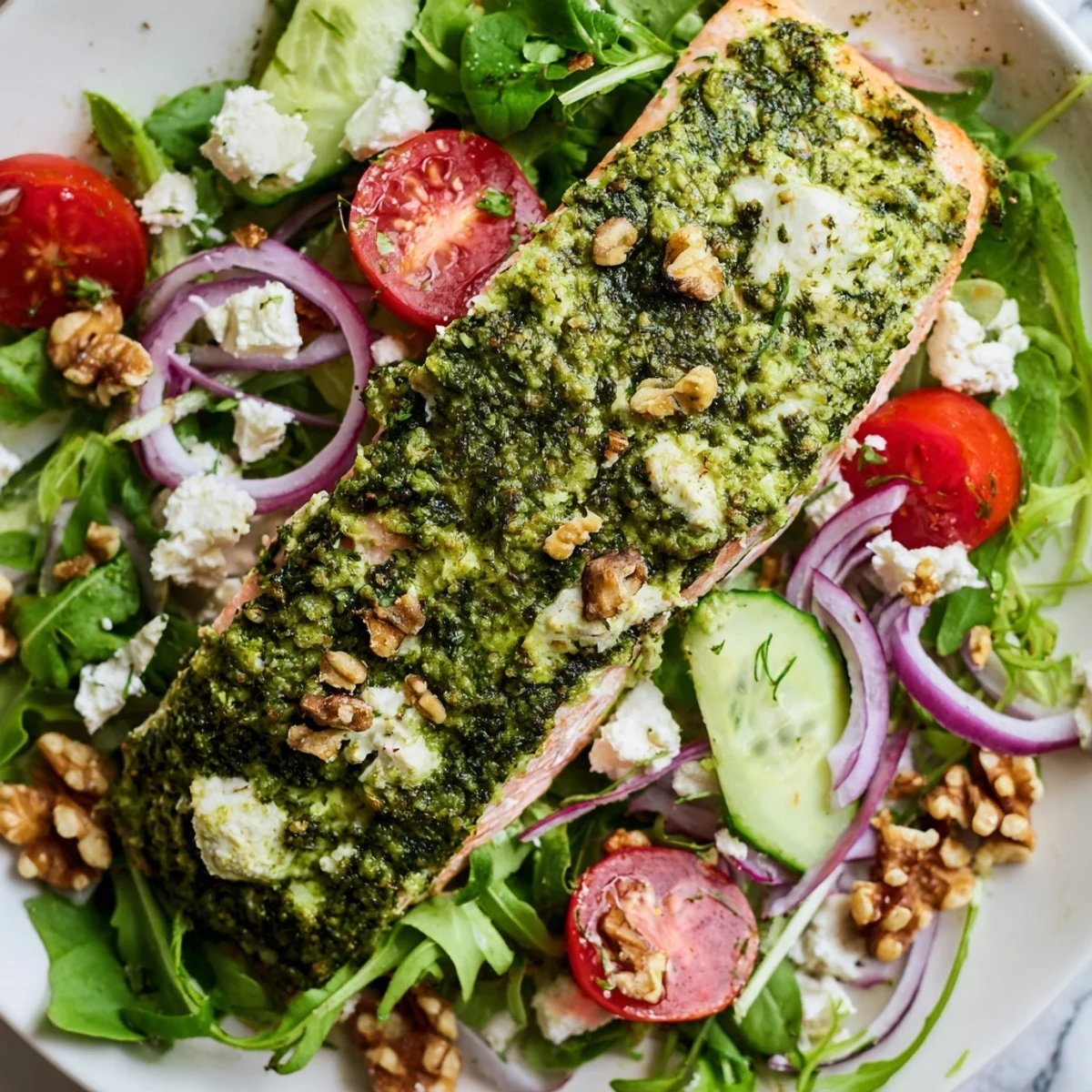 Flaky, herb-crusted salmon salad, the fillets glistening above a vibrant, fresh mixed green salad.