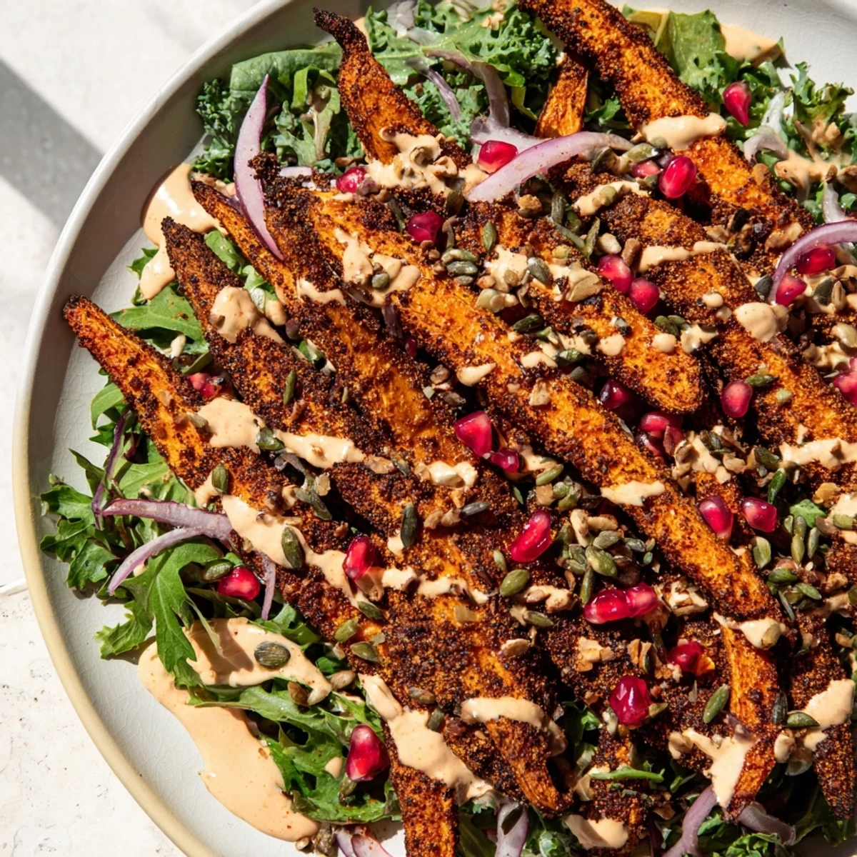 Vibrant Roasted Carrot Salad with tahini-lemon drizzle, showing tender, caramelized carrots on fresh greens.