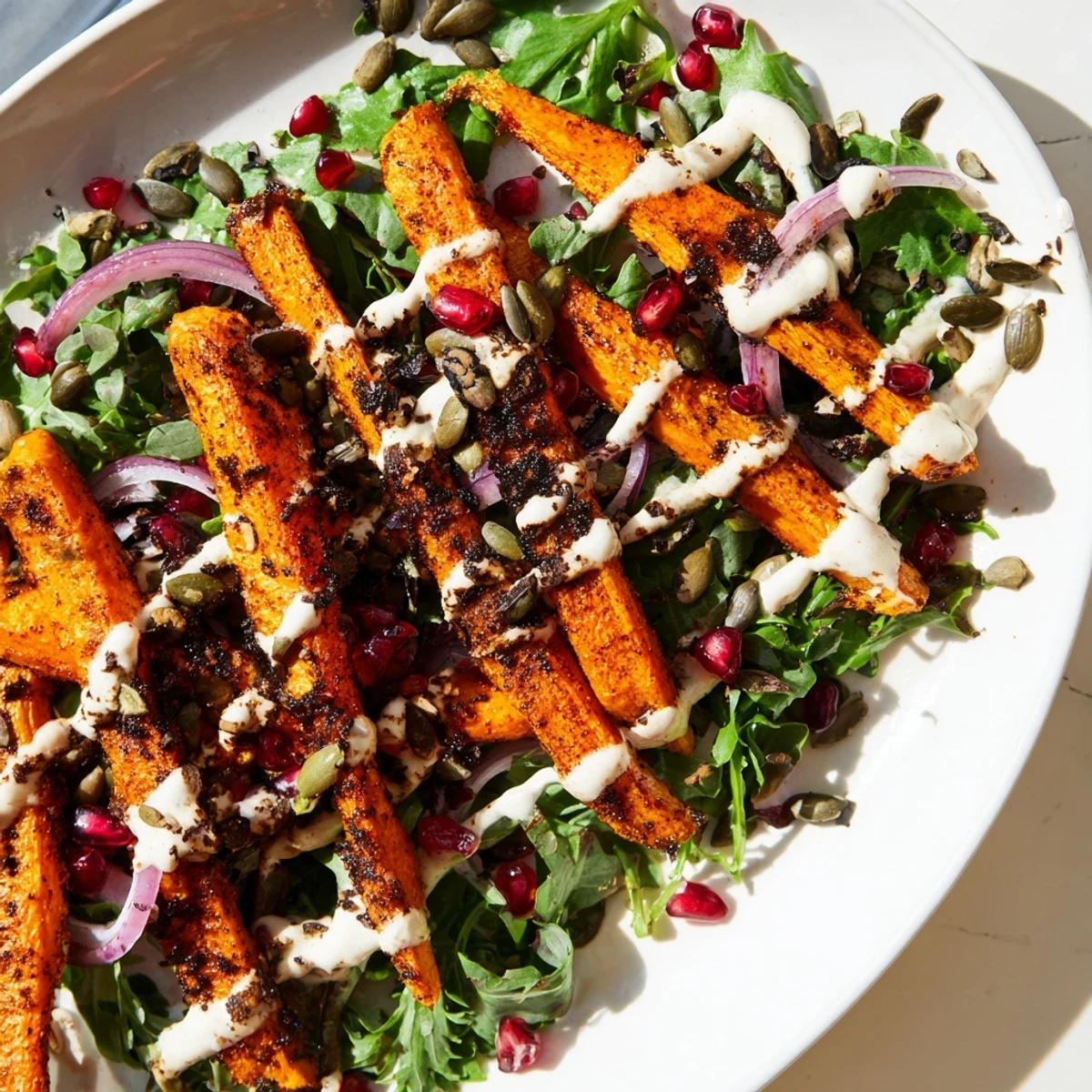 This delicious Roasted Carrot Salad features beautifully roasted carrots, coated in a creamy tahini-lemon dressing.