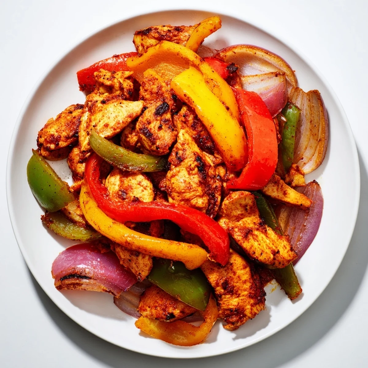 Sheet pan chicken fajitas bursting with savory chicken, peppers, and onions, sizzling from the oven.