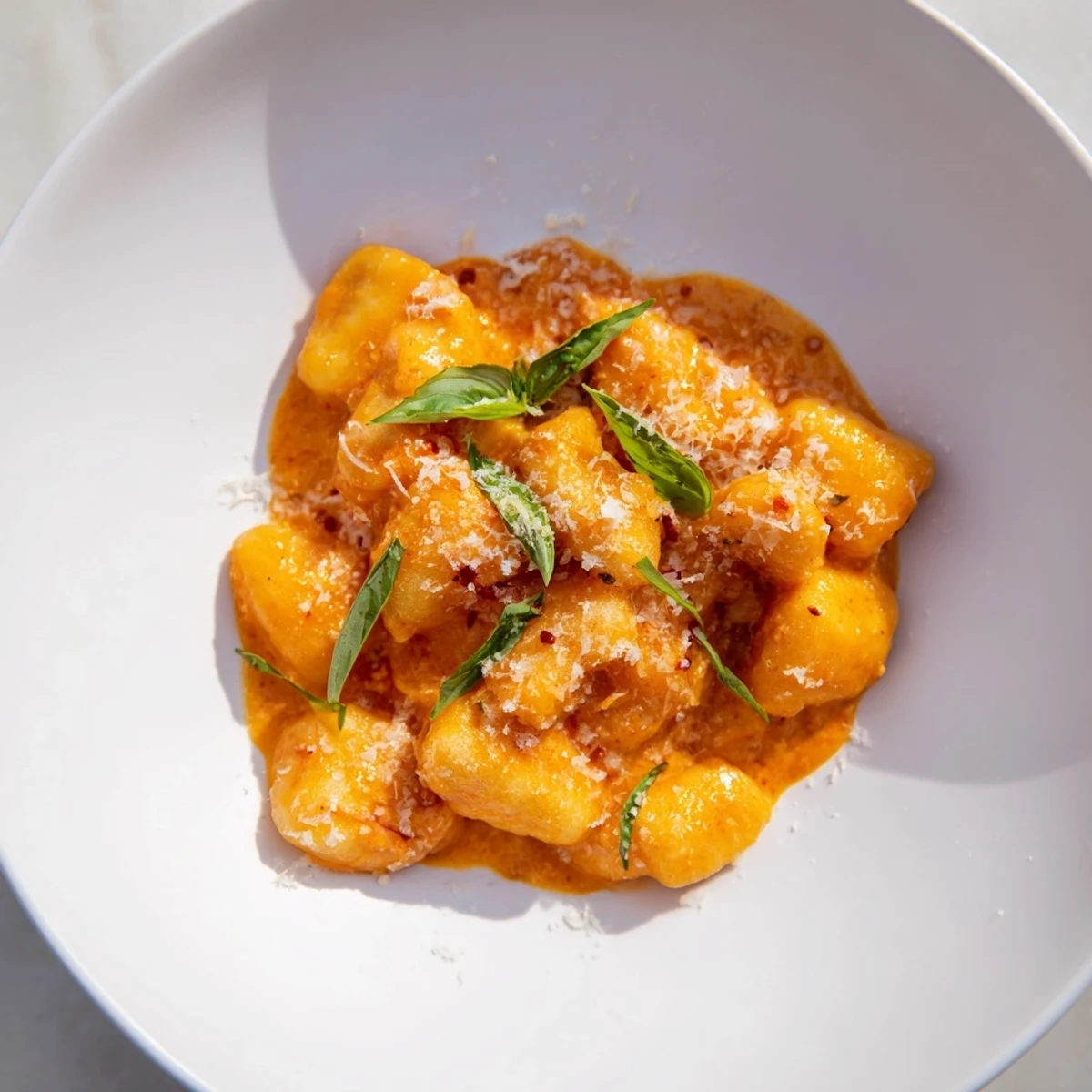 Steaming Creamy Tomato Gnocchi, a one-skillet Italian dream, with rich, red sauce and Parmesan.