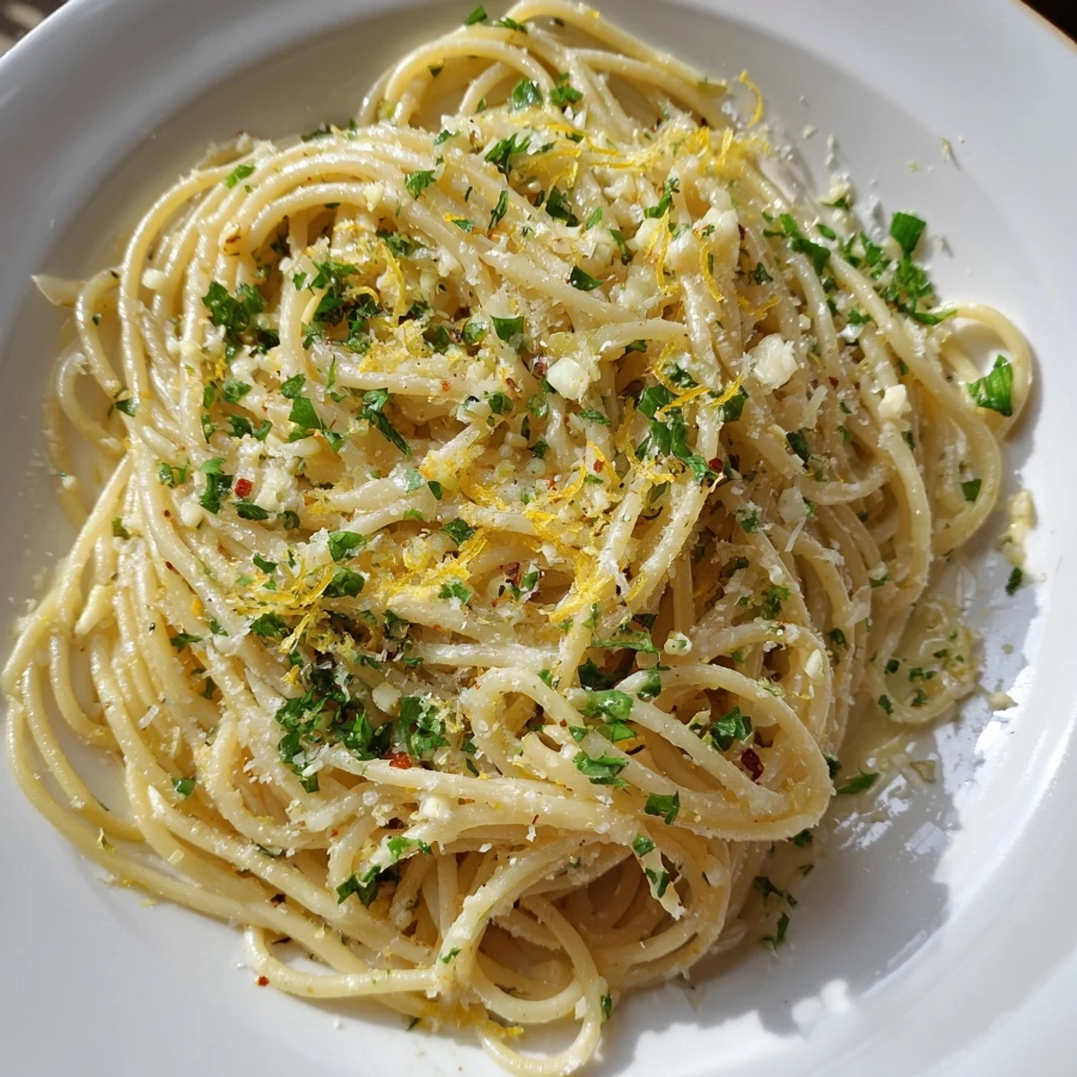Steaming Garlic Butter Noodles, a simple vegetarian meal garnished with fresh parsley and Parmesan.