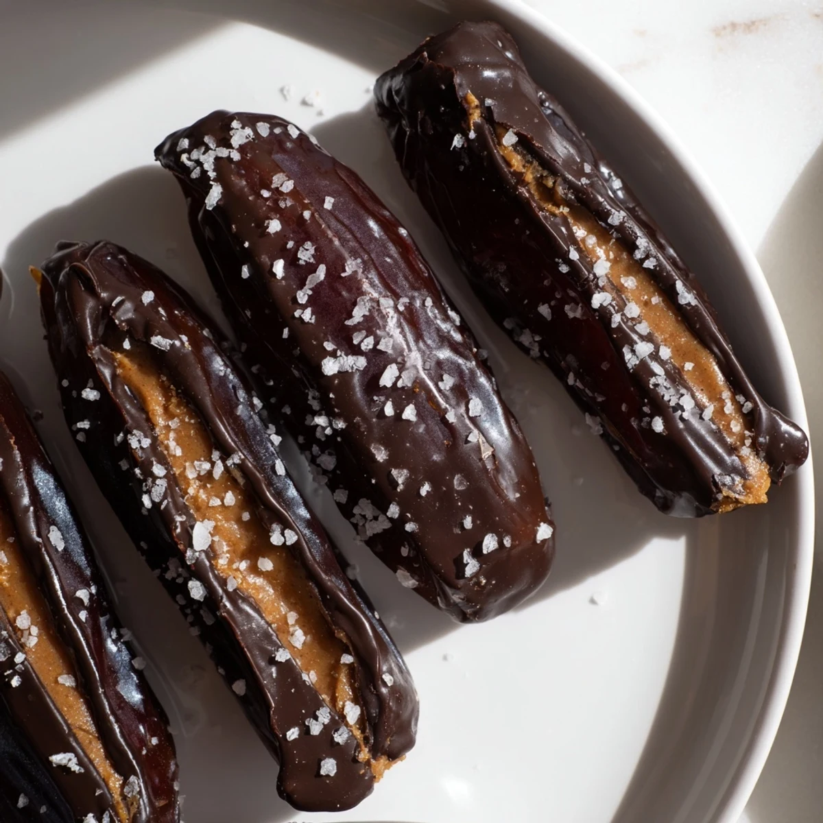 Creamy peanut butter fills Medjool dates, covered in dark chocolate: these decadent chocolate peanut butter dates look amazing.