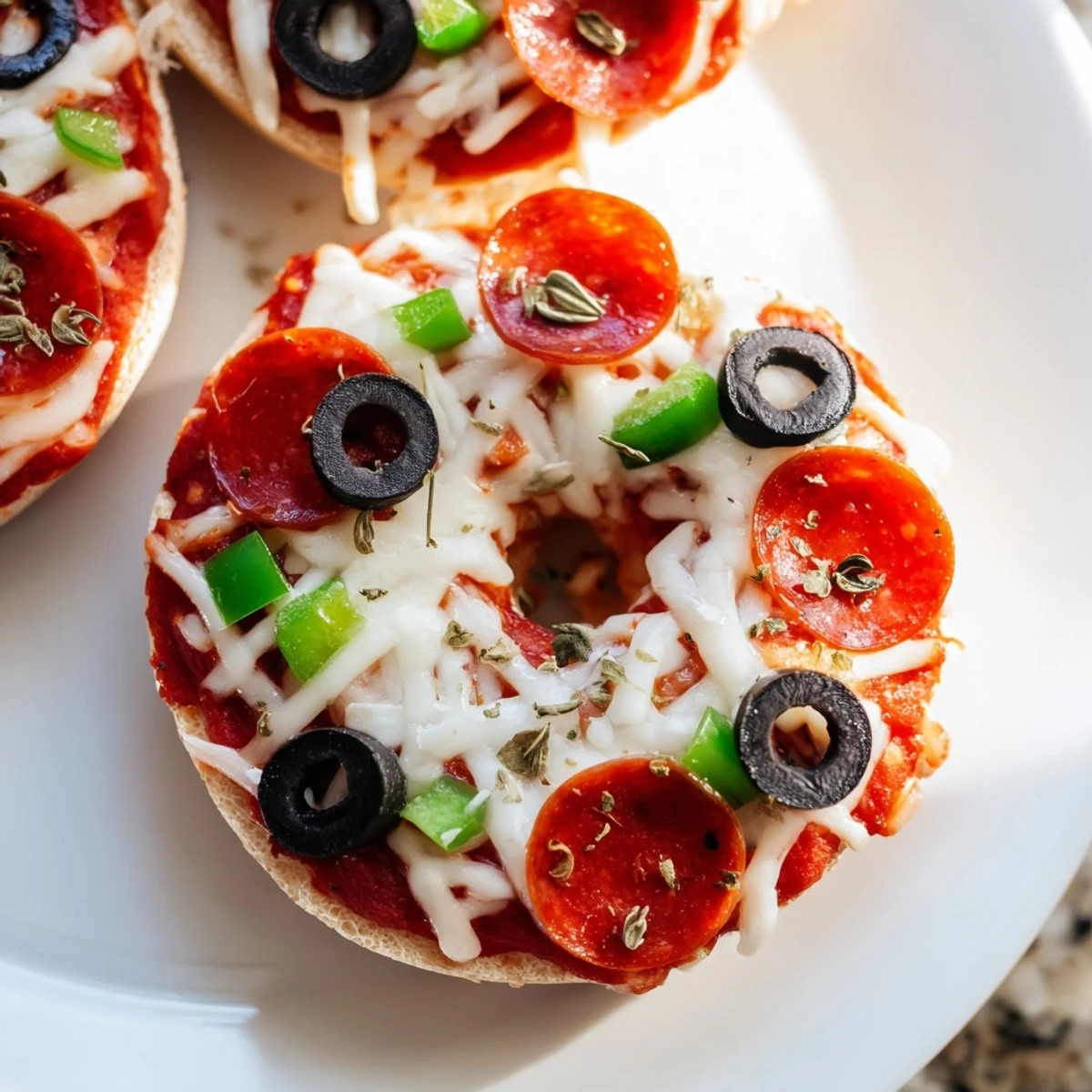 Air-fried mini bagel pizzas, bubbly mozzarella and pepperoni atop toasted bagel halves.
