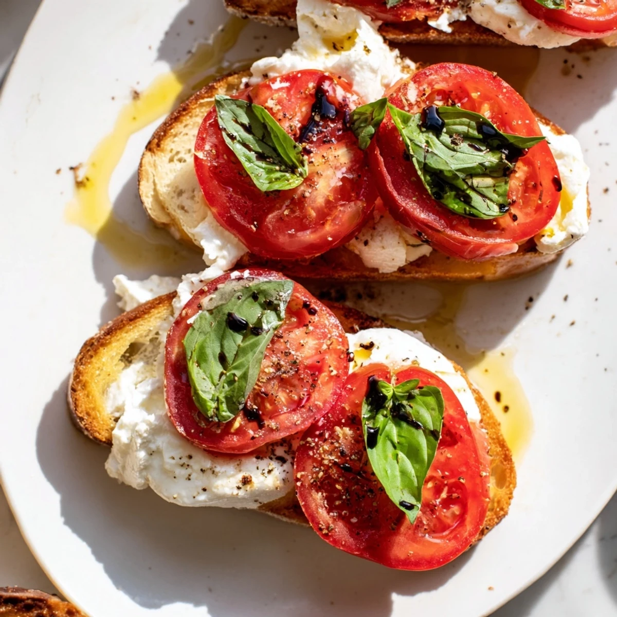 Close-up of a delightful Tomato Burrata Toast, showcasing creamy cheese and colorful sliced tomatoes.