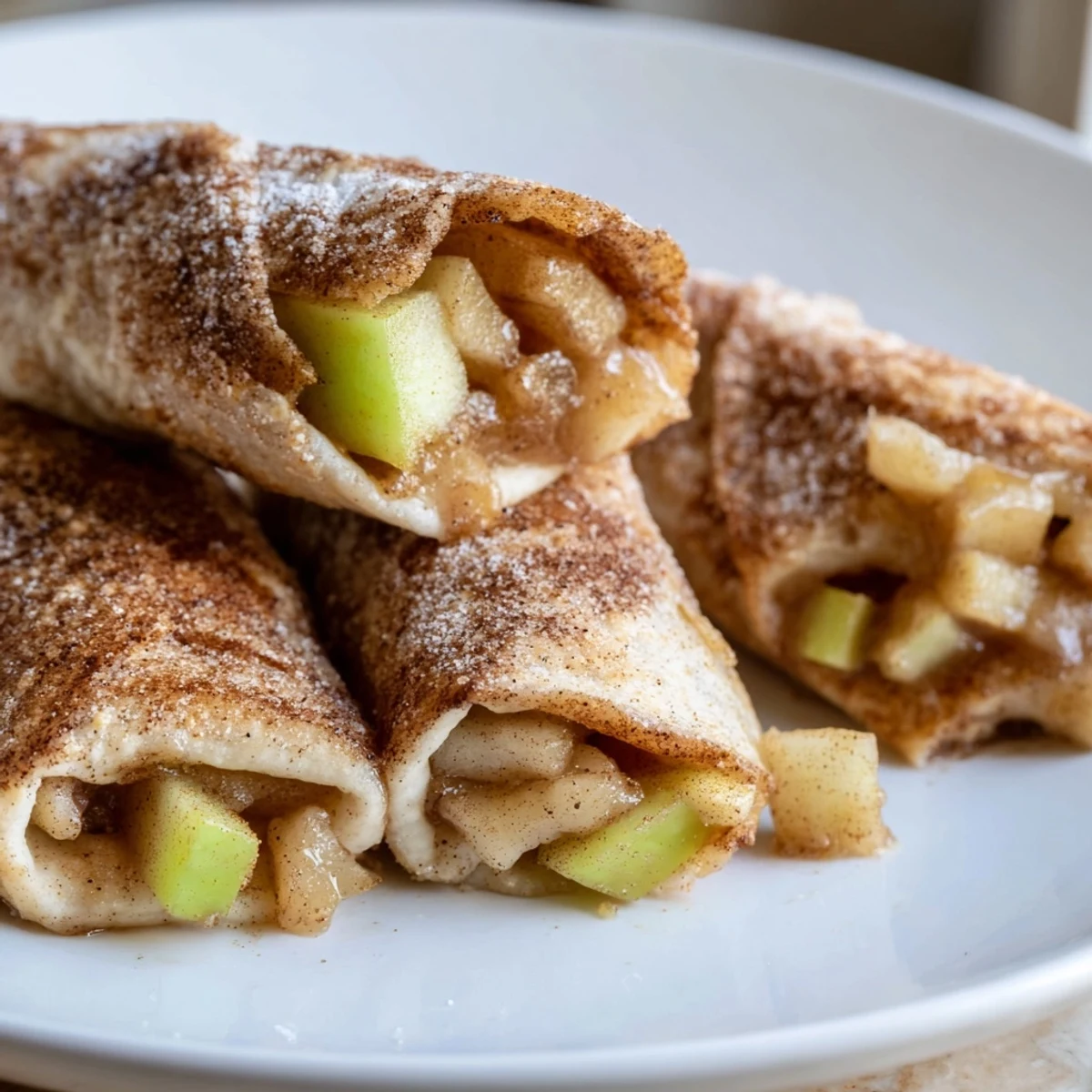 Delicious, cinnamon-sugar coated Apple Pie Roll-Ups reveal a sweet apple filling, perfect for dessert.