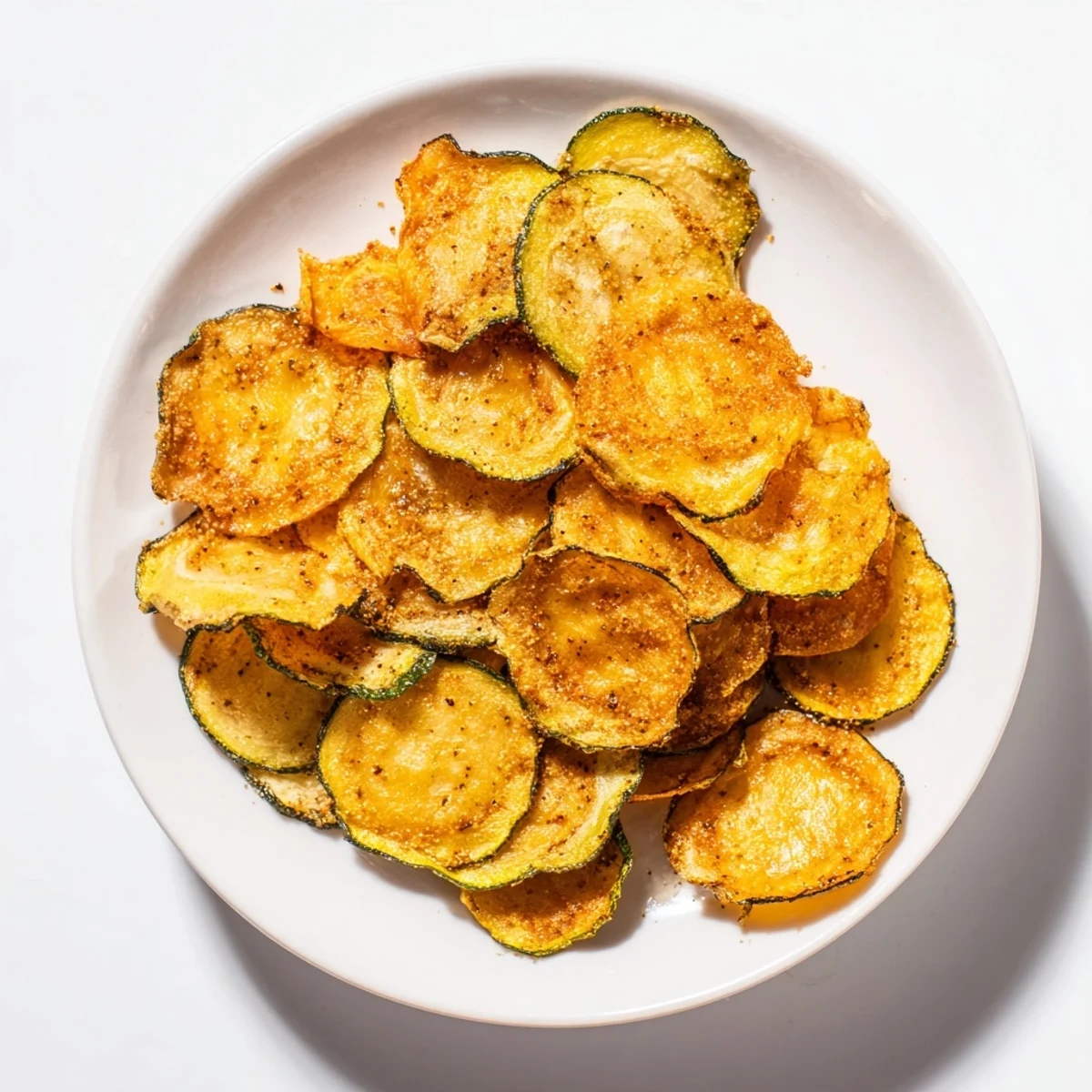 Close-up of baked crispy zucchini chips, showing their golden brown texture and savory, tempting aroma.