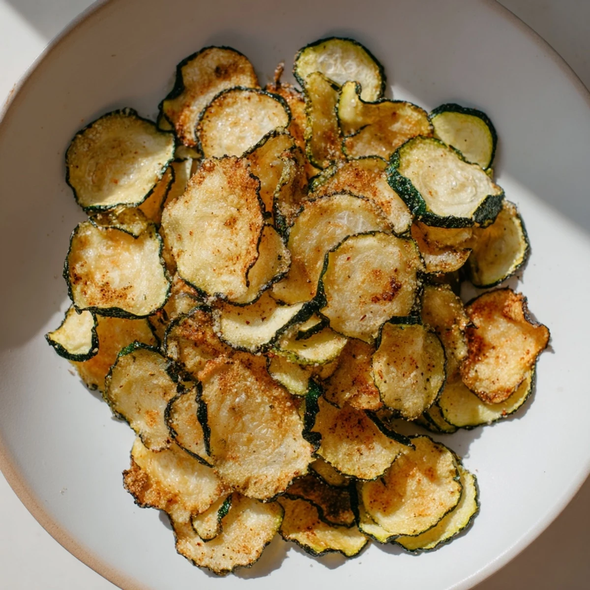 Freshly seasoned crispy zucchini chips with a satisfying crunch, perfect for dipping or enjoying anytime.