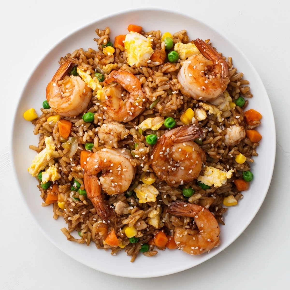 Golden-brown shrimp fried rice, a quick weeknight meal with flavorful shrimp and veggies.