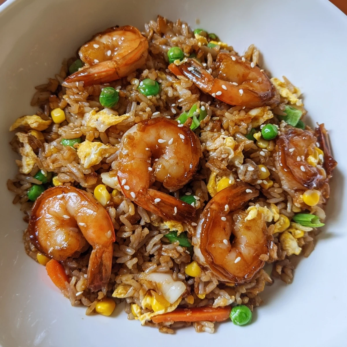 Steaming bowl of shrimp fried rice, featuring perfectly cooked shrimp and fluffy rice.