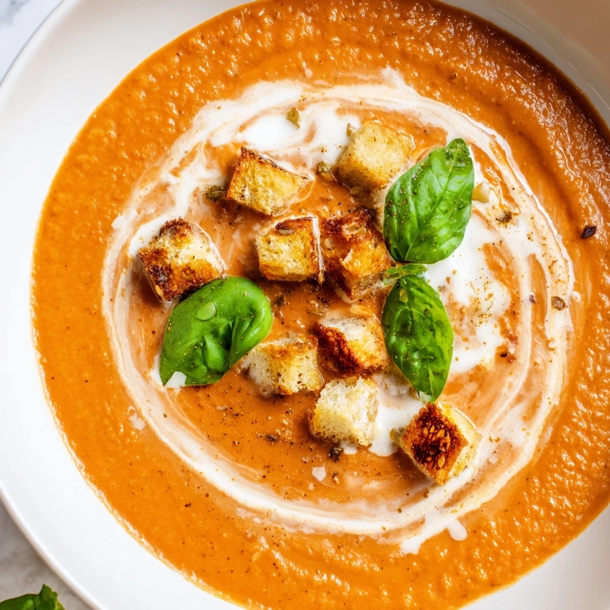 A beautiful bowl with the Creamy Roasted Garlic Tomato Soup, smelling of caramelized garlic and fresh tomatoes, ready to eat.