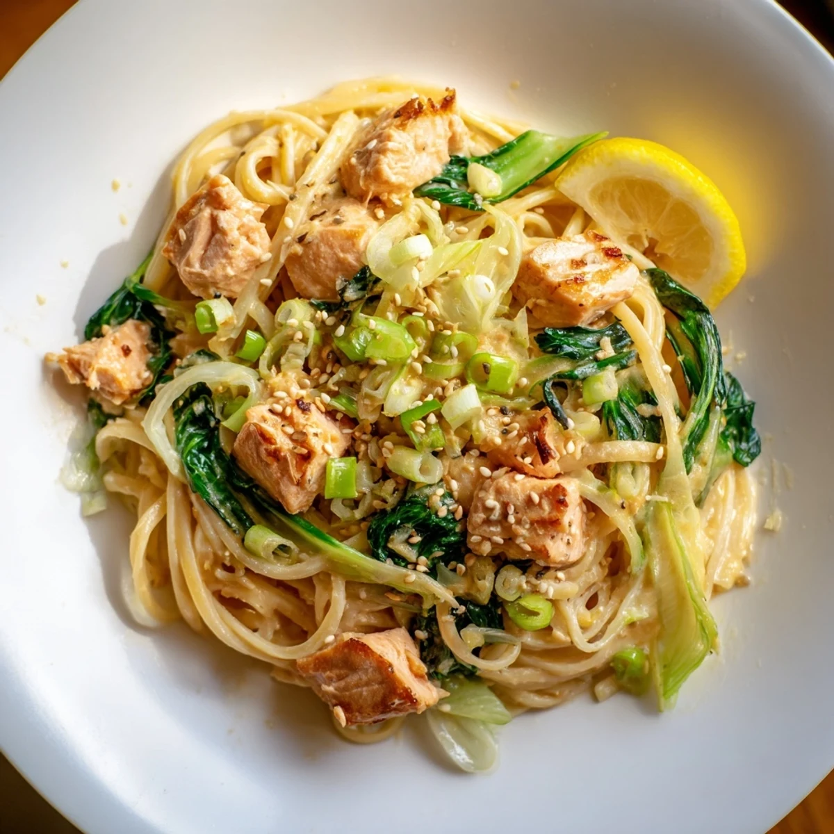 Al dente linguine coated in a rich miso butter sauce with succulent miso butter salmon pasta chunks.