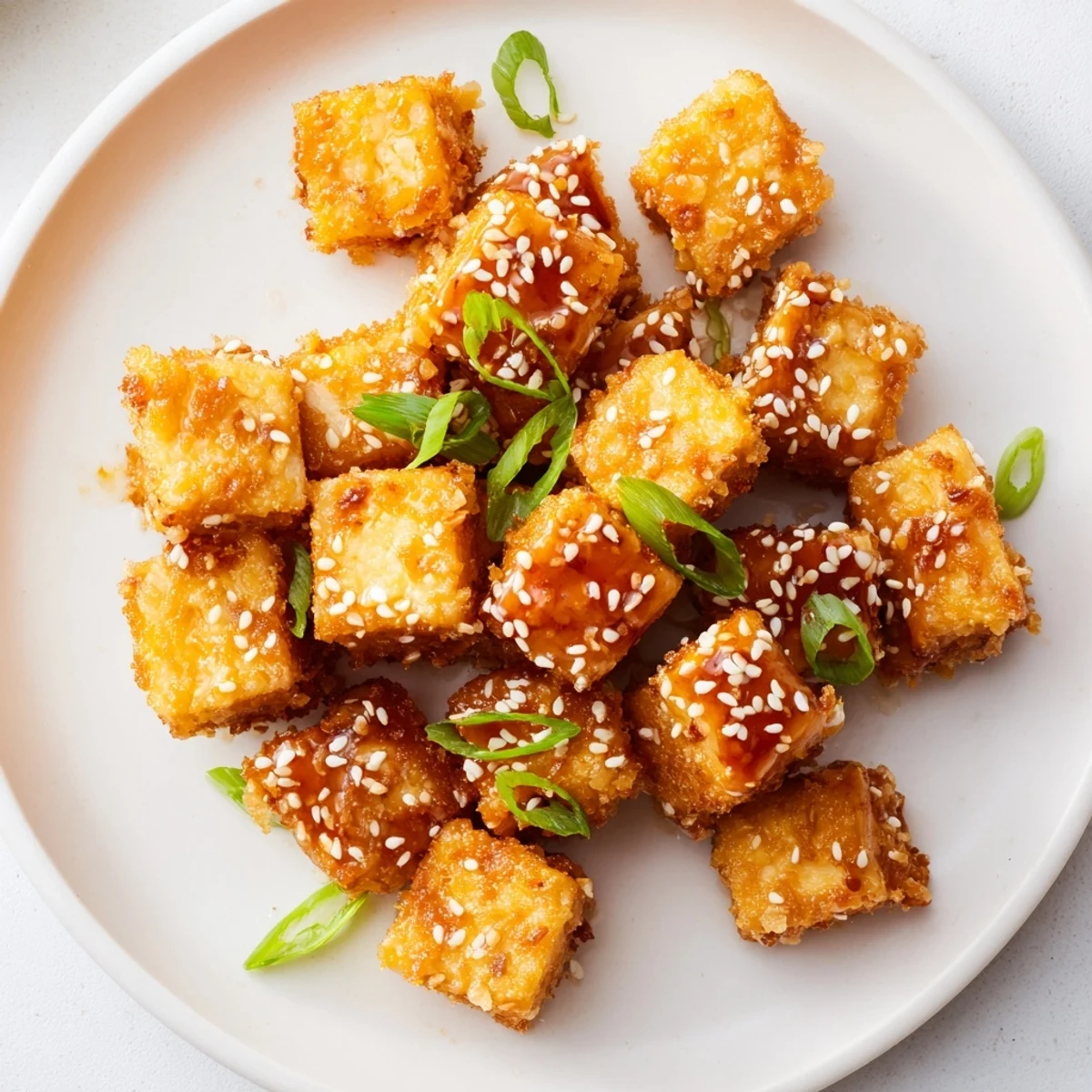 Golden-brown Honey Sriracha Tofu Nuggets with a glistening glaze, perfect for snacking.