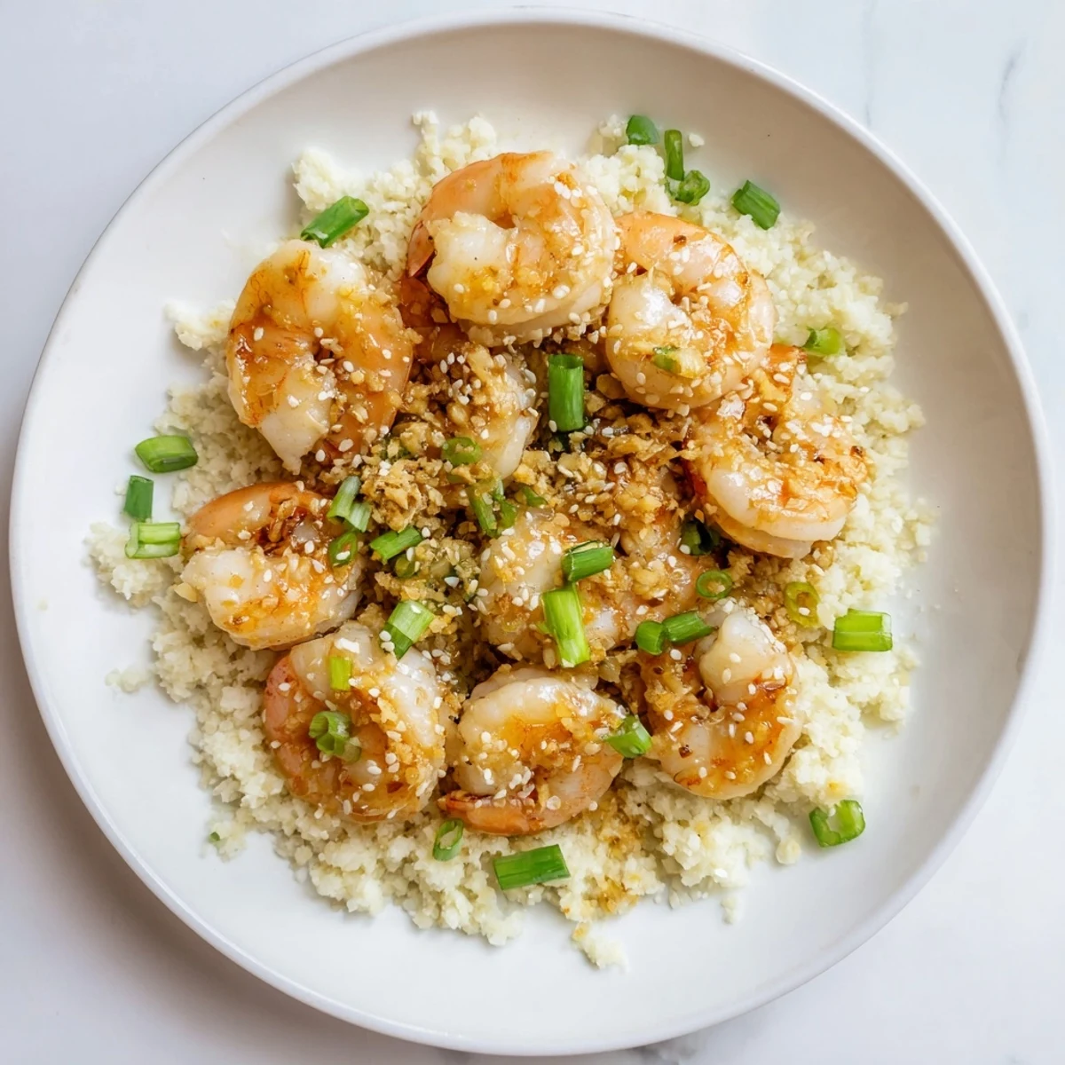 Steaming ginger garlic shrimp bowls brimming with colorful garnishes like green onions and sesame seeds.