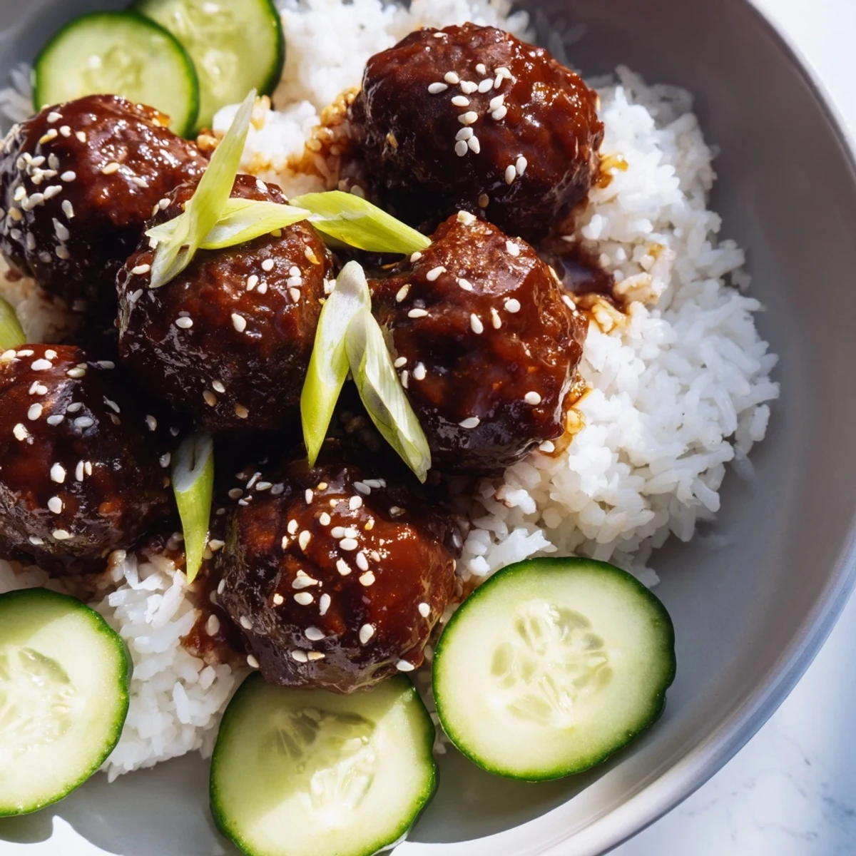 Tender teriyaki meatball bowls, glistening with sauce and served alongside fresh cucumber slices.