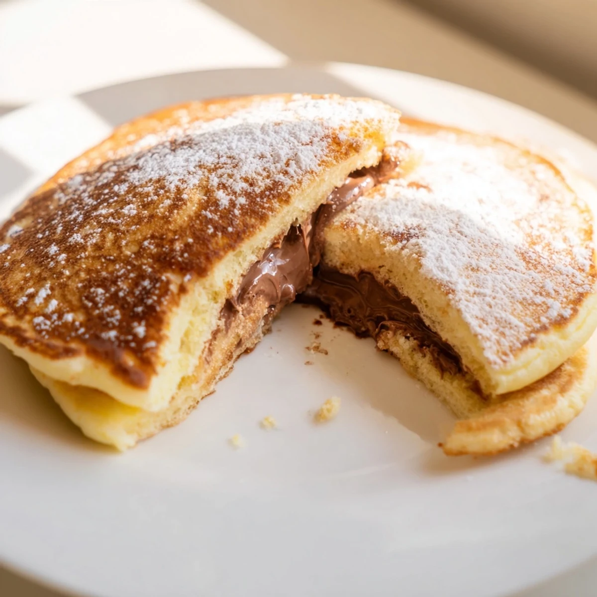 Stack of delectable Nutella stuffed pancakes, served fresh and enticing, ready for a sensational breakfast.