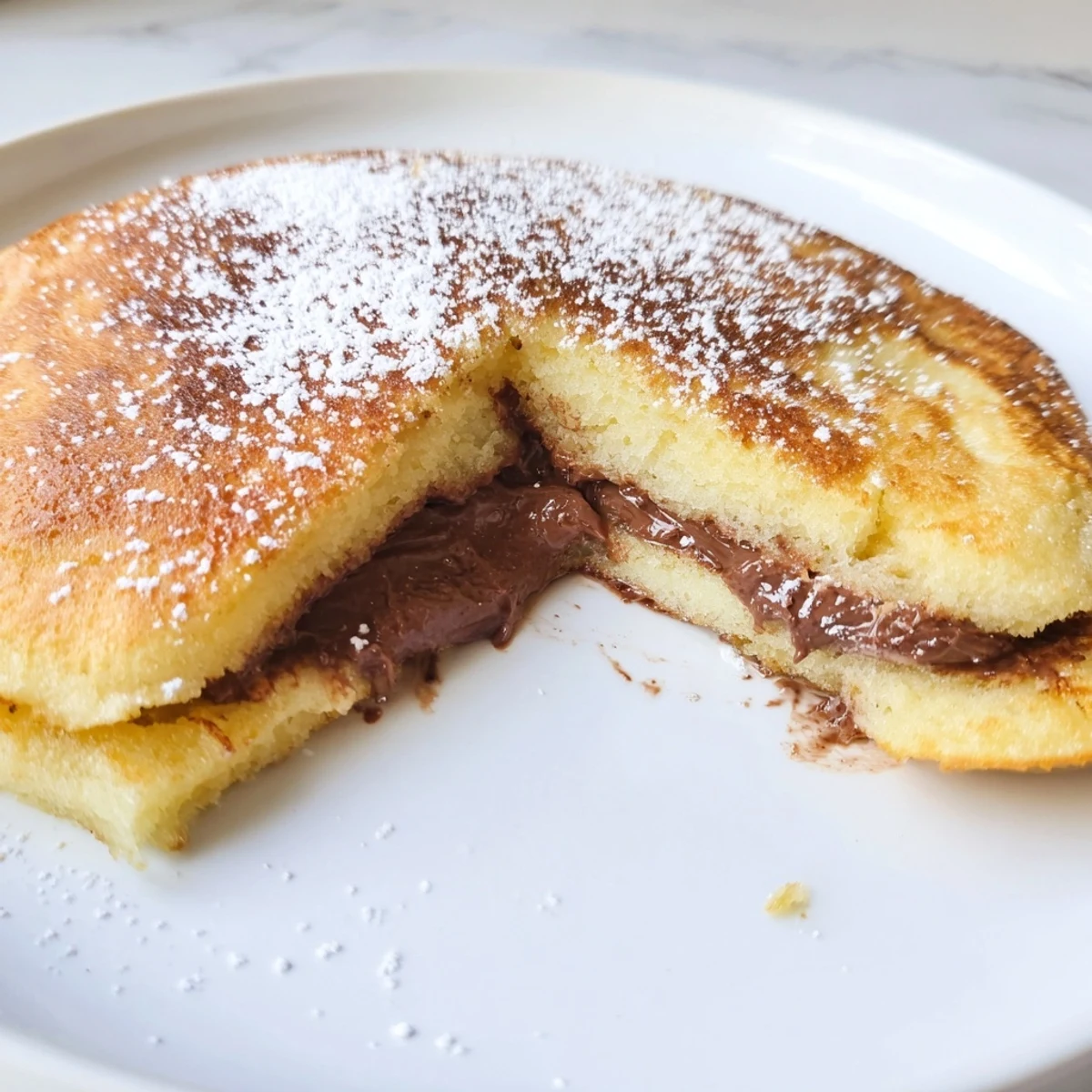 Close-up of a perfectly cooked Nutella stuffed pancake, oozing with delicious hazelnut filling on a plate.