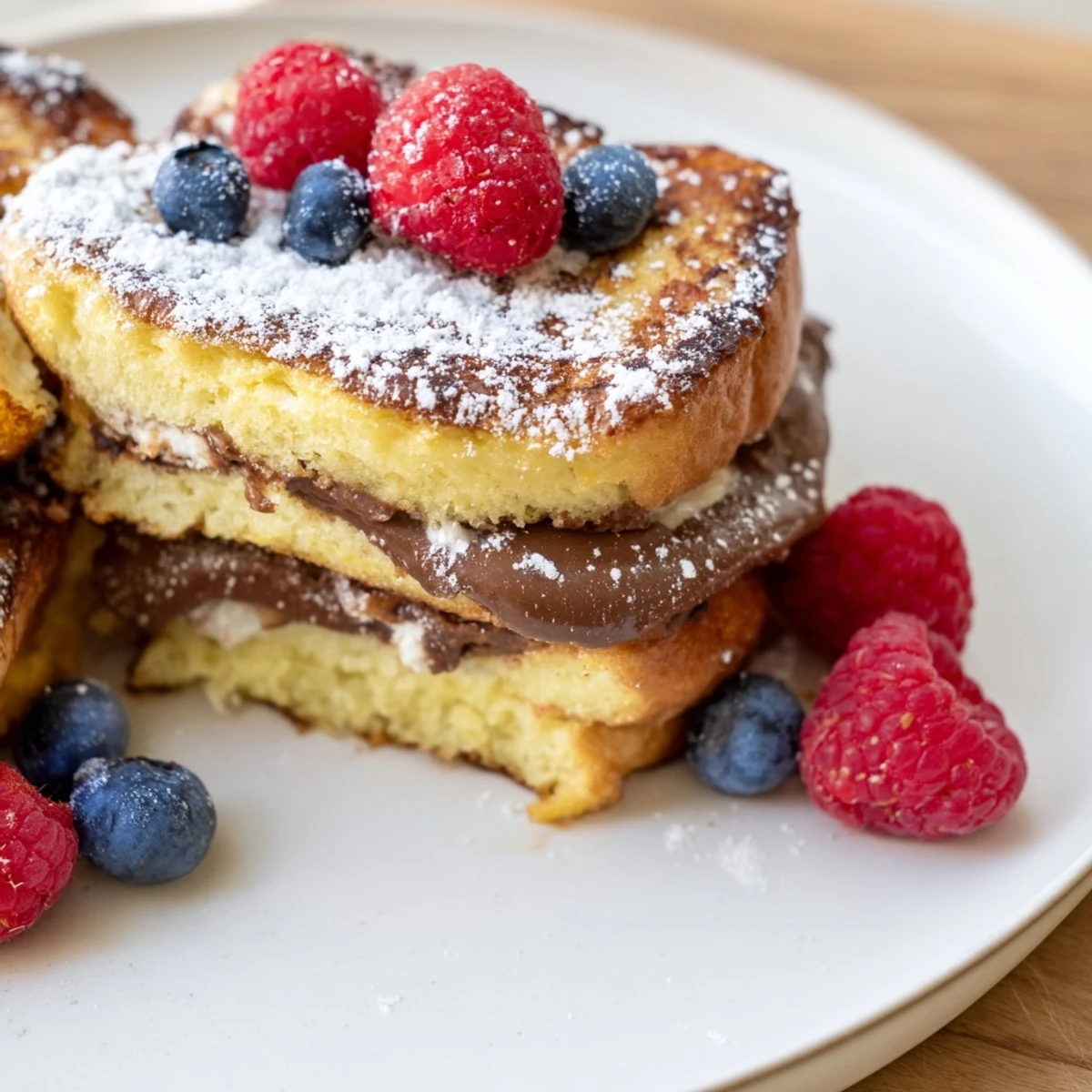 Warm, golden Nutella Brioche French Toast, layered with Nutella and dusted with powdered sugar, ready to eat.