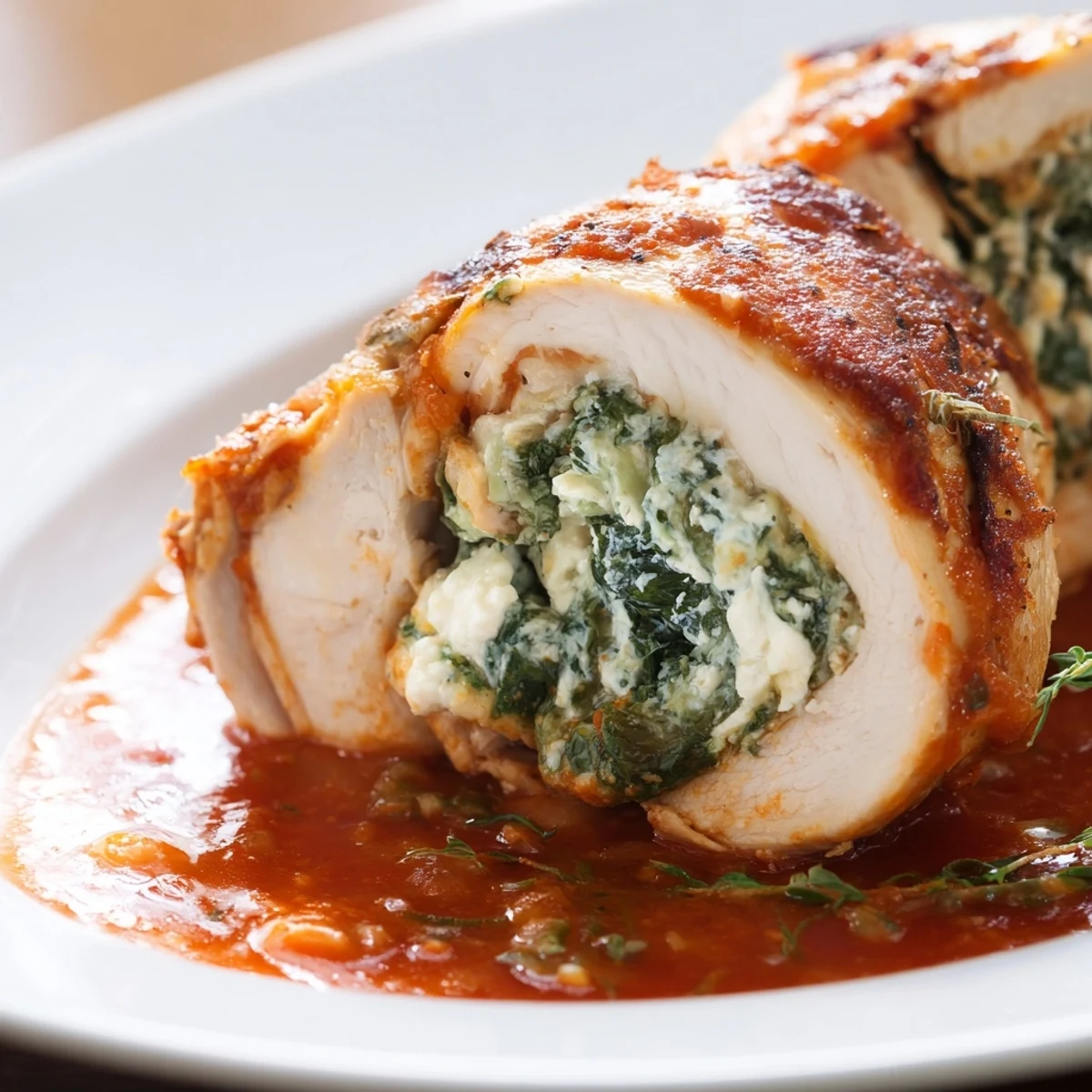 Golden-baked Spinach Ricotta Stuffed Chicken breasts, bubbling with creamy ricotta and fresh spinach, served in rich tomato sauce.  