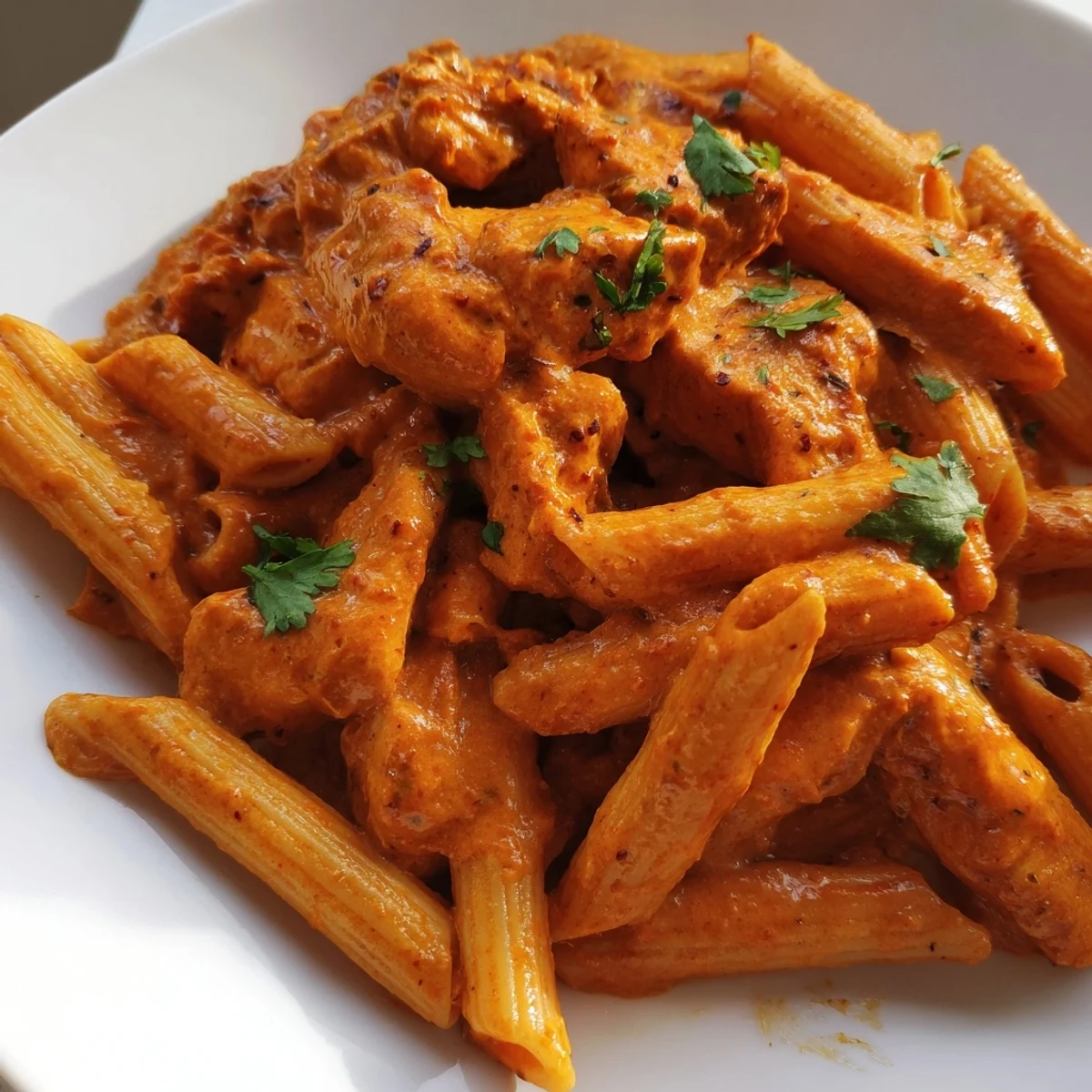Hearty Chicken Tikka Pasta tossed in a rich spiced tomato cream sauce, ready to enjoy.  