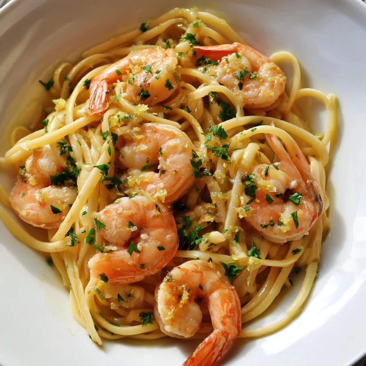 A close-up of Garlic Butter Shrimp Linguine, showcasing al dente pasta strands coated in a glossy garlic butter sauce.