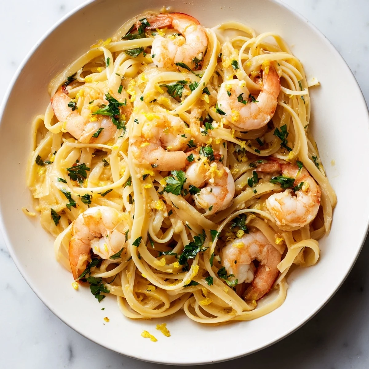 Succulent pink shrimp nestled in Garlic Butter Shrimp Linguine, garnished with fresh parsley and grated Parmesan cheese.