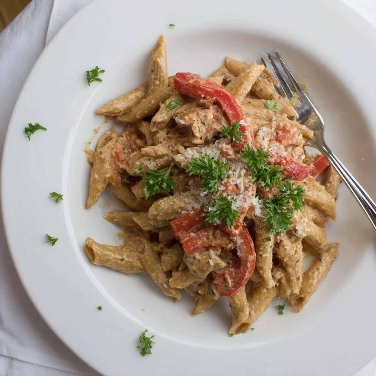 Creamy Cajun pasta with roasted red bell peppers, tossed in a rich, smoky sauce and garnished with fresh parsley.  