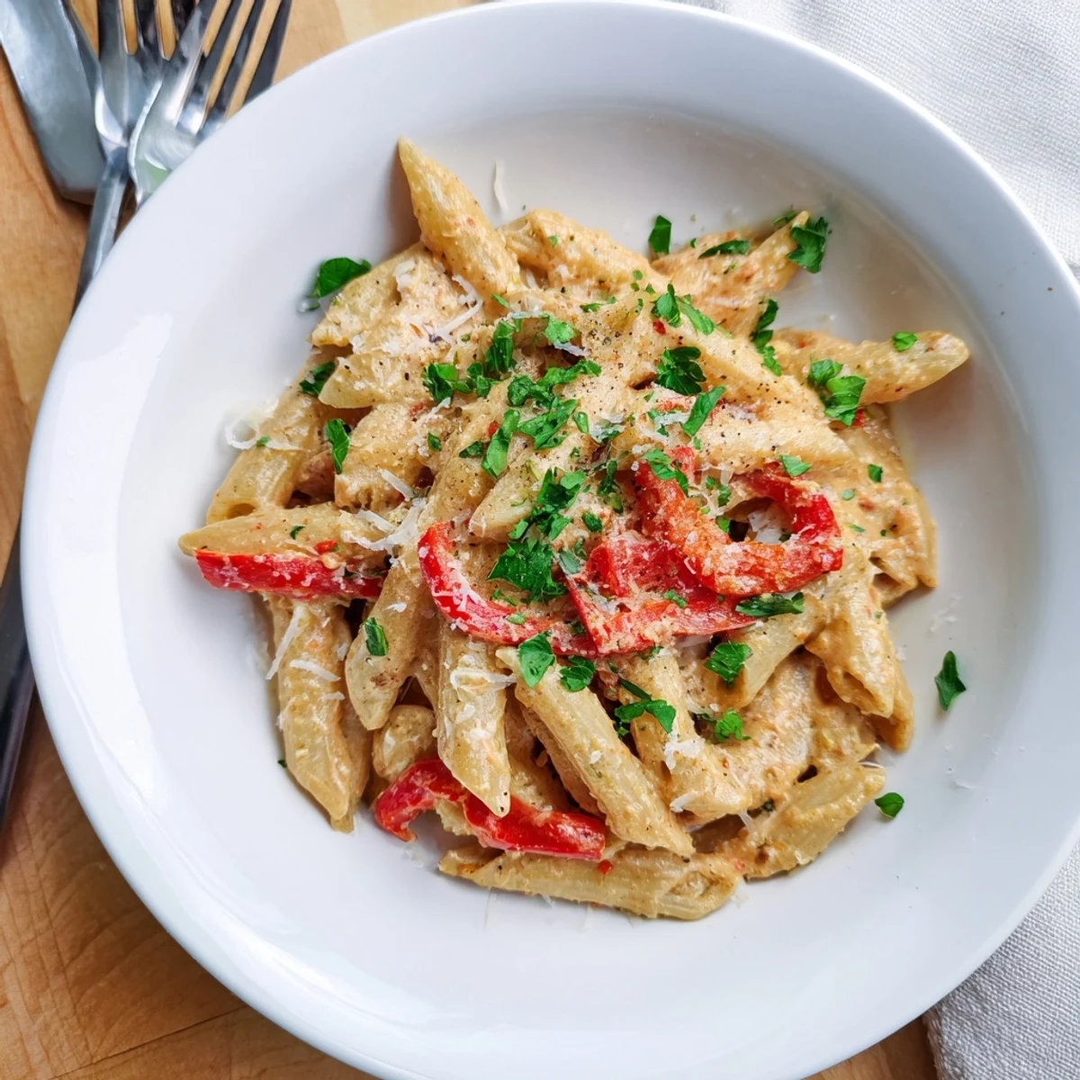 A steaming plate of Creamy Cajun pasta features al dente penne coated in a spicy, velvety sauce with sweet peppers.  