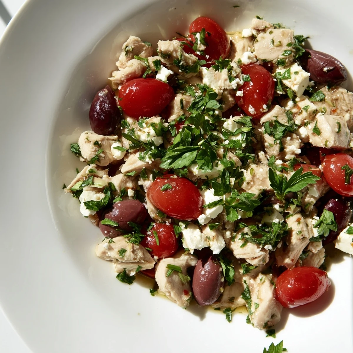 Vibrant Mediterranean Chickpea Chicken Salad served in a white bowl, perfect for a light lunch or summer potluck.
