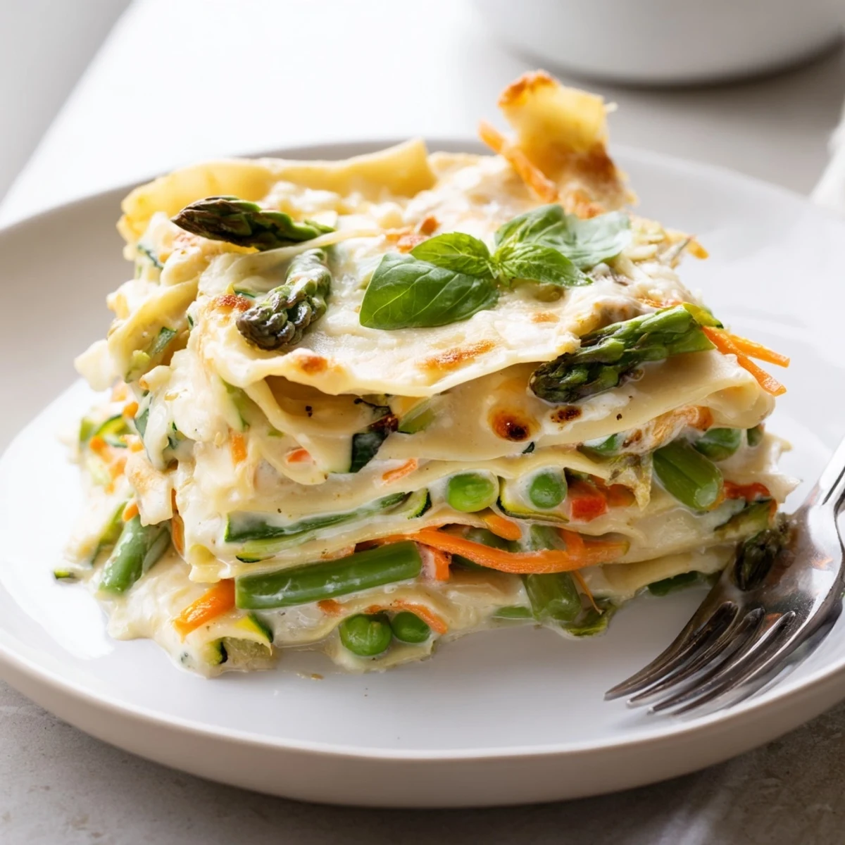 A slice of Spring Veggie Alfredo Lasagna reveals layers of creamy sauce, tender asparagus, snap peas, and melted mozzarella.