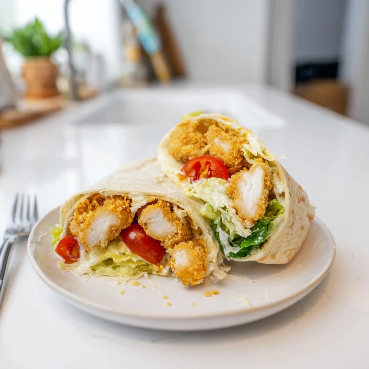 Crispy hot honey chicken Caesar wrap sliced diagonally on a rustic board, showing layers of creamy dressing and fresh romaine.  